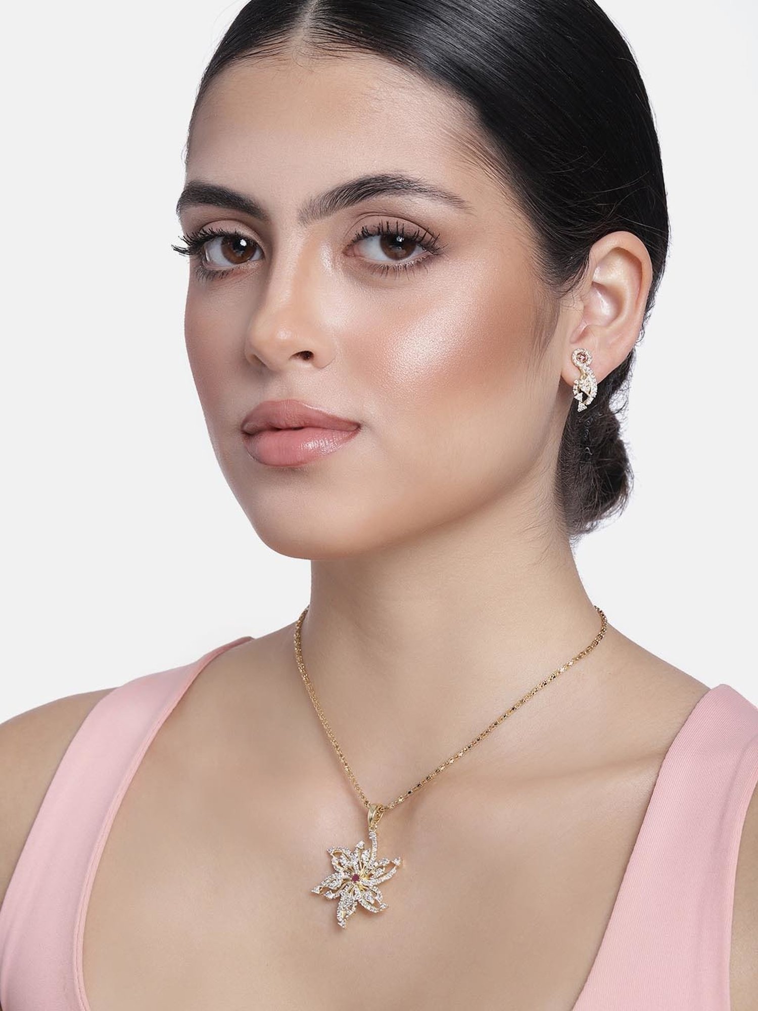 Estele Gold-Plated Pink & White CZ Daisy Flower Pendant Set for Women