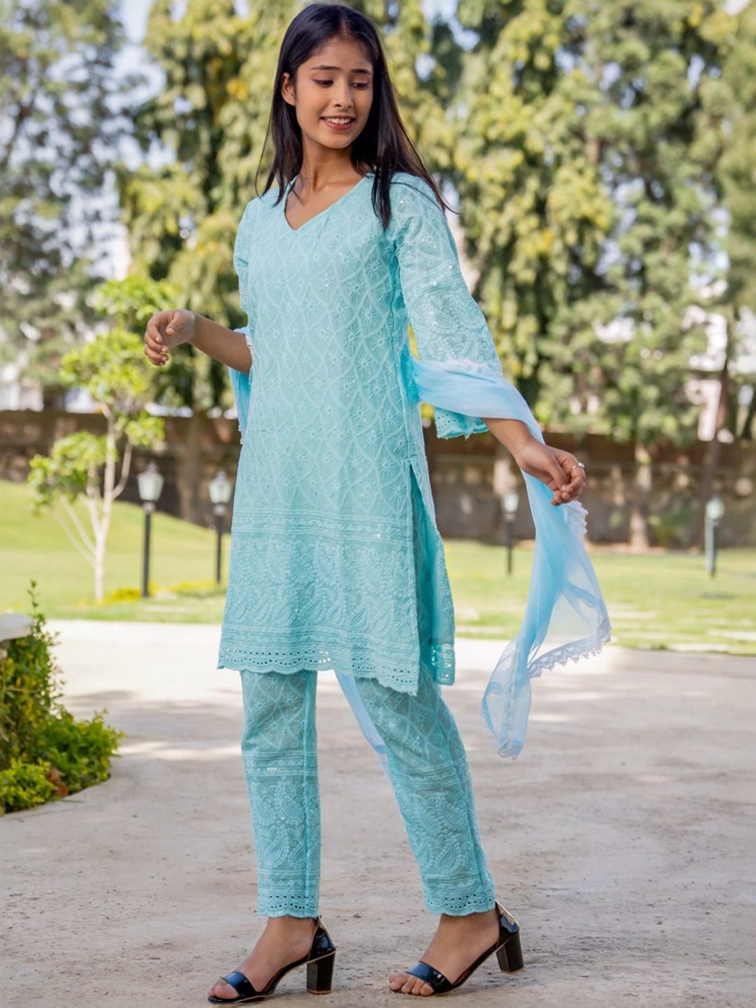 HOUSE OF JAMOTI Blue Cotton Embroidered Kurta Pant Set With Dupatta