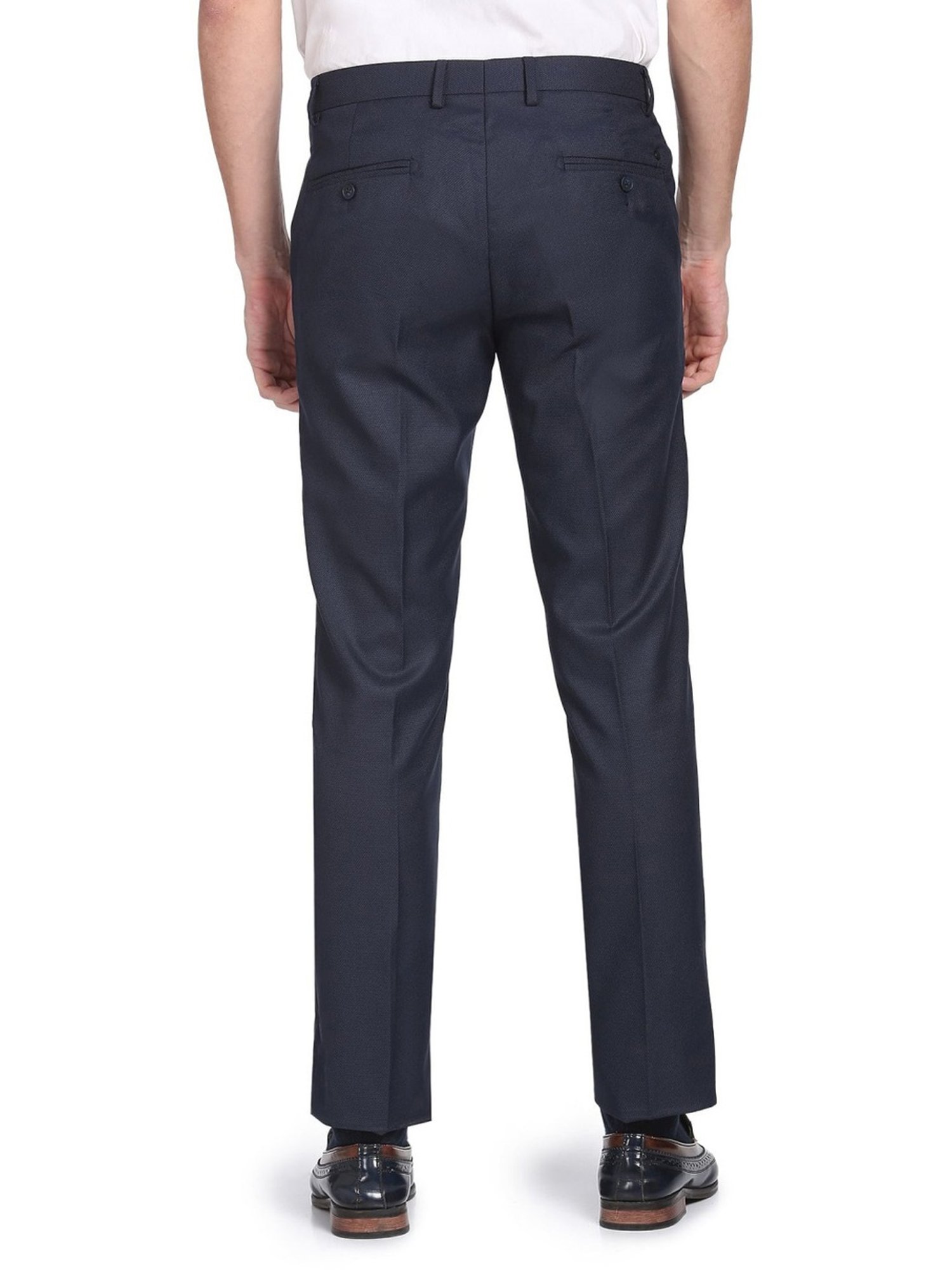 Arrow Navy Blue Regular Fit Texture Trousers