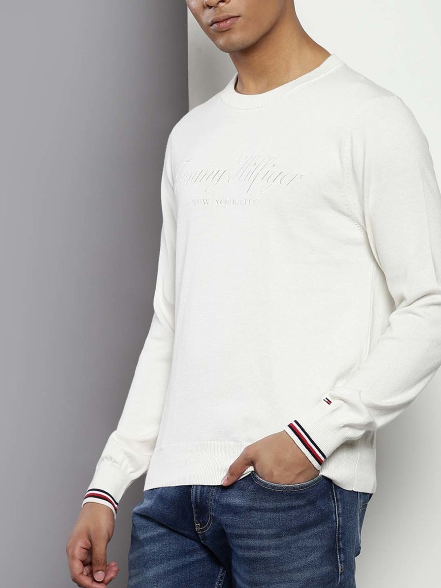 Tommy Hilfiger White Suede Cotton Regular Fit Embroidered Sweater