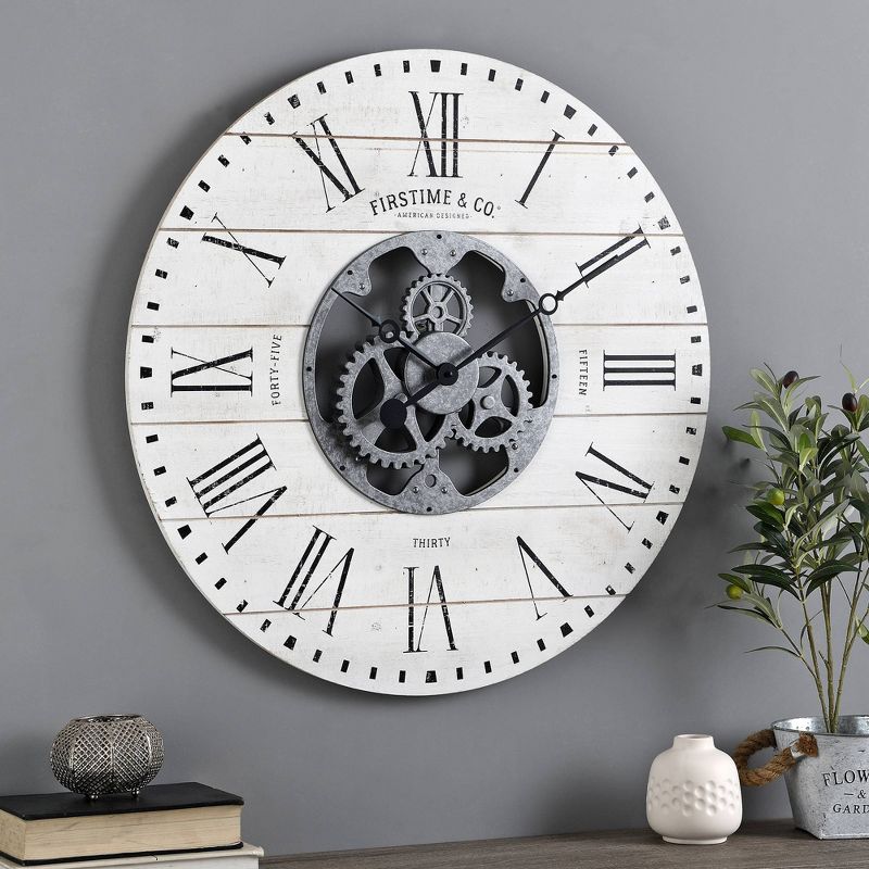 27" Shiplap Farmhouse Gears Wall Clock Aged White - FirsTime & Co.