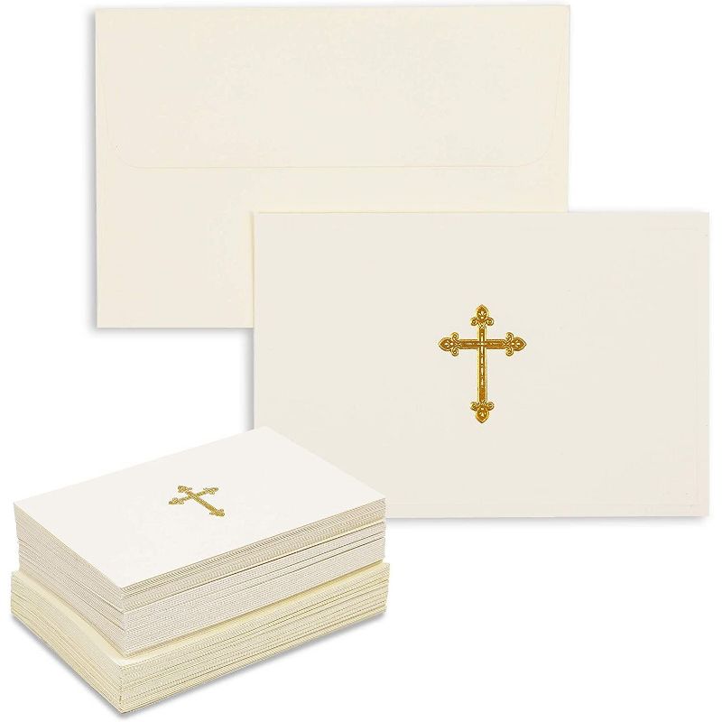 48-Pack Gold Foil Embossed Cross Blank Greeting Card Set with Envelopes, Ideal for Religious Celebrations, Baptisms, (Cream 4x6)