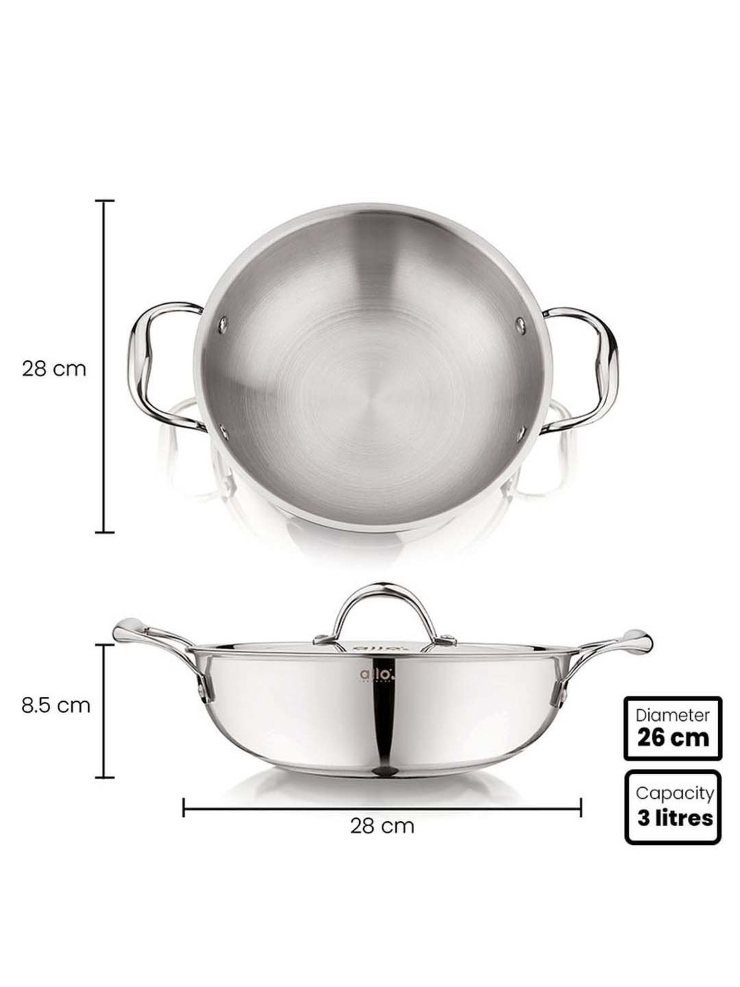 ALLO Silver Stainless Steel Induction Friendly Triply Kadhai (3 L)