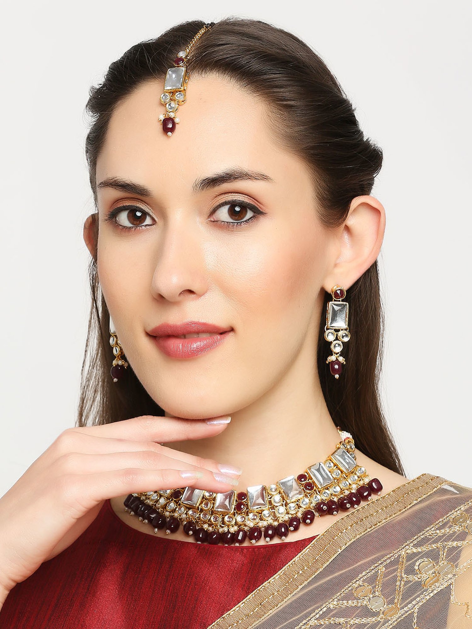 OOMPH Maroon Beads & Kundan Ethnic Choker Necklace Set with Drop Earrings & Maangtikka