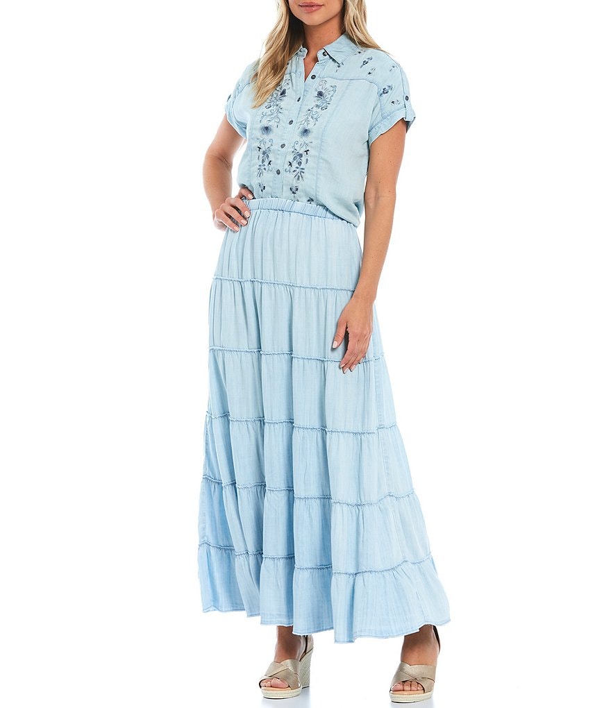 Reba Chambray Button Front Multi Color Embroidered Coordinating Top