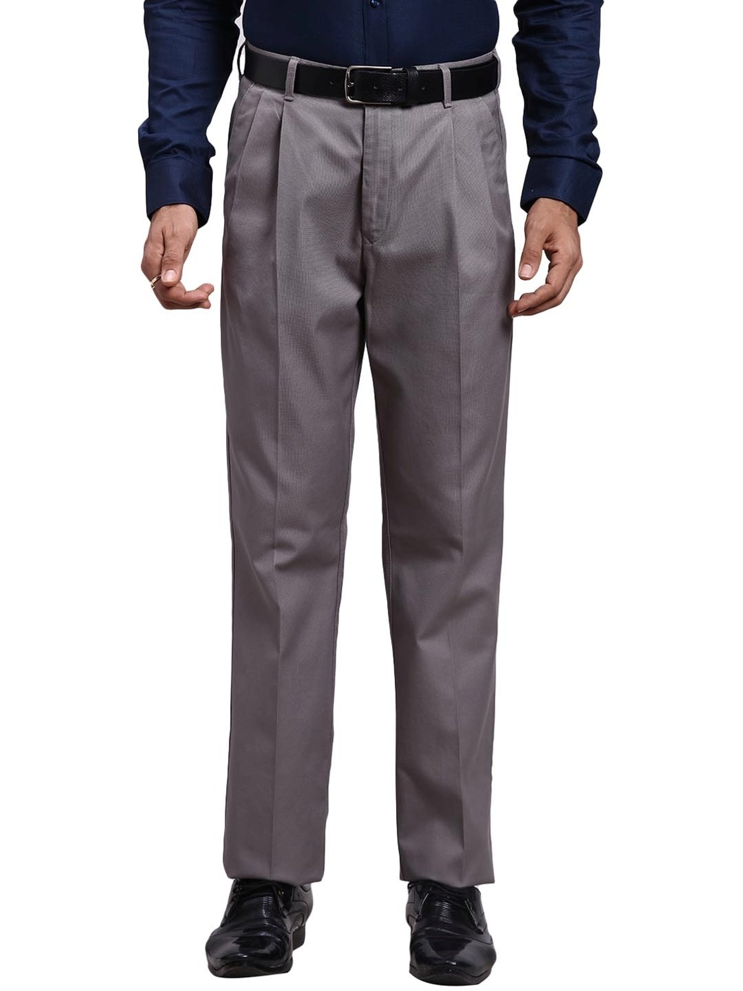 ColorPlus Grey Cotton Regular Fit Trousers