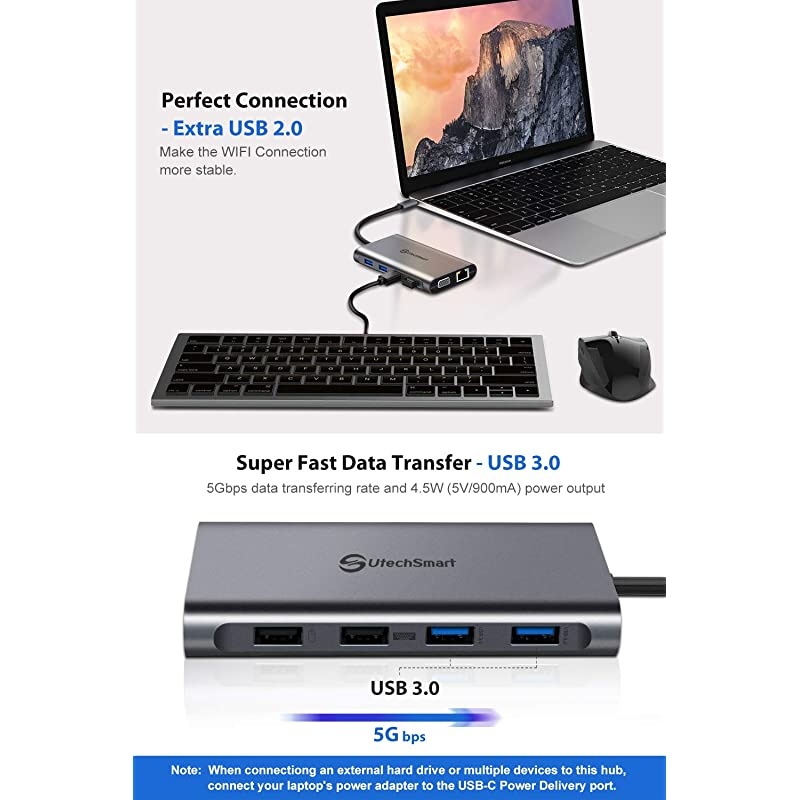 USB C Hub  Triple Display USB Type C Adapter Docking Station with 2 HDMI VGA Power Delivery Type C PortSD TF Card Reader 4 USB Ports USBC Dock Compatible for MacBook Other USBC Laptop