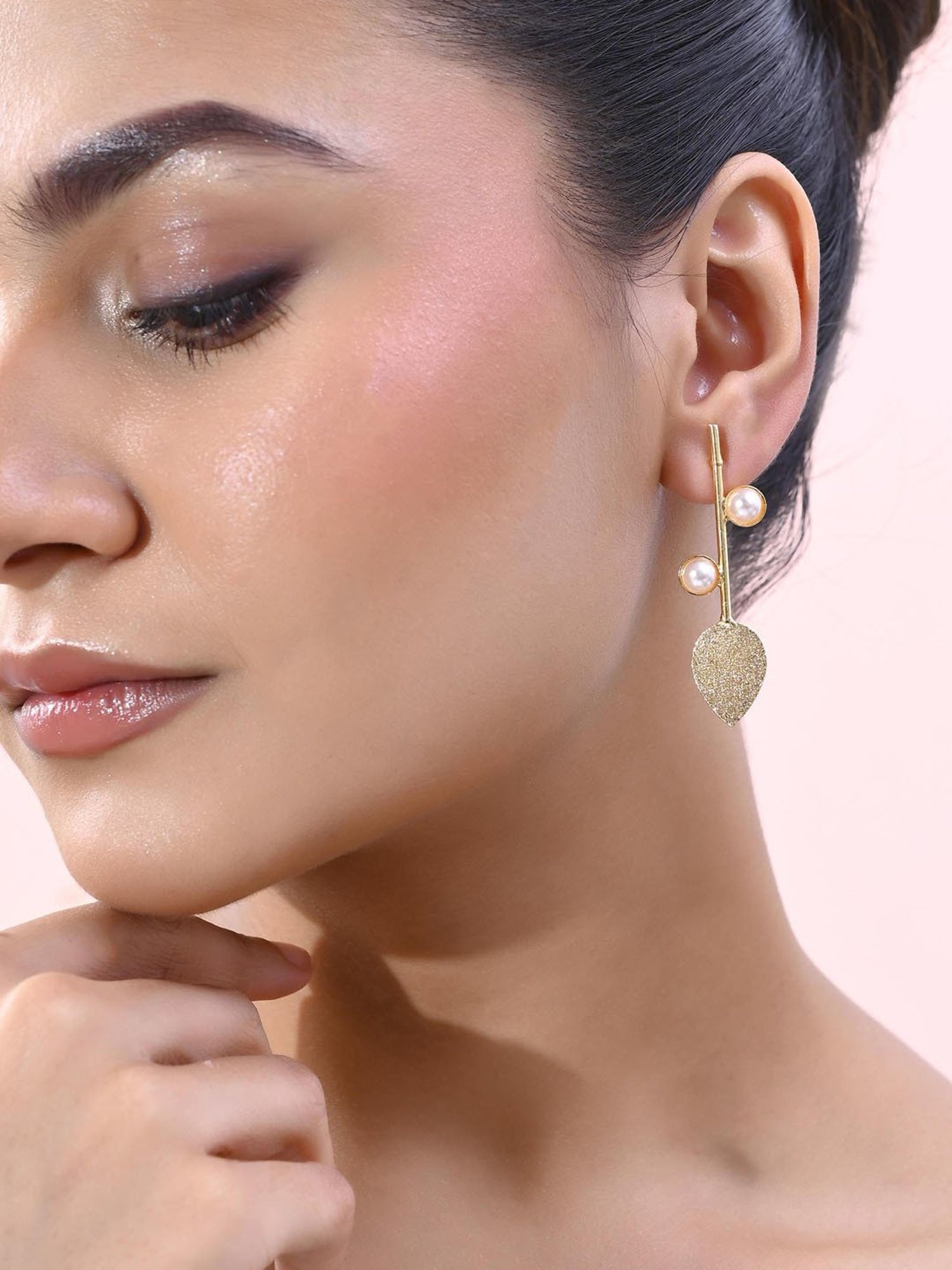 VOJ Gold Plated Leaf Shaped with Pearl Studded Earrings for Women
