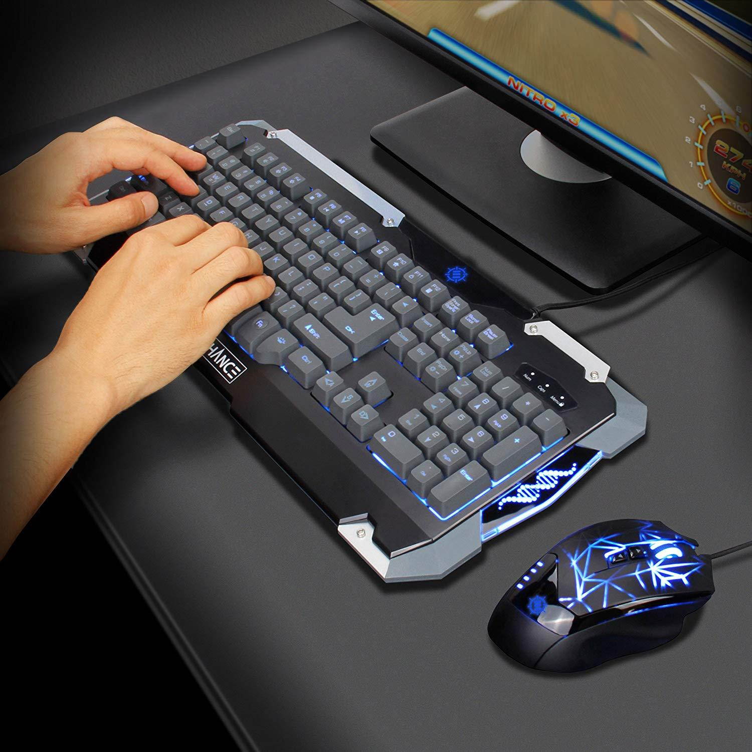 Enhance GX-K2 Gaming Keyboard with 104 Hybrid Mechanical Feel Keys, LED Backlit, Braided Cable - 3 Color Selection, Multimedia Shortcuts, Plug & Play USB Connection - PATHOGEN Series