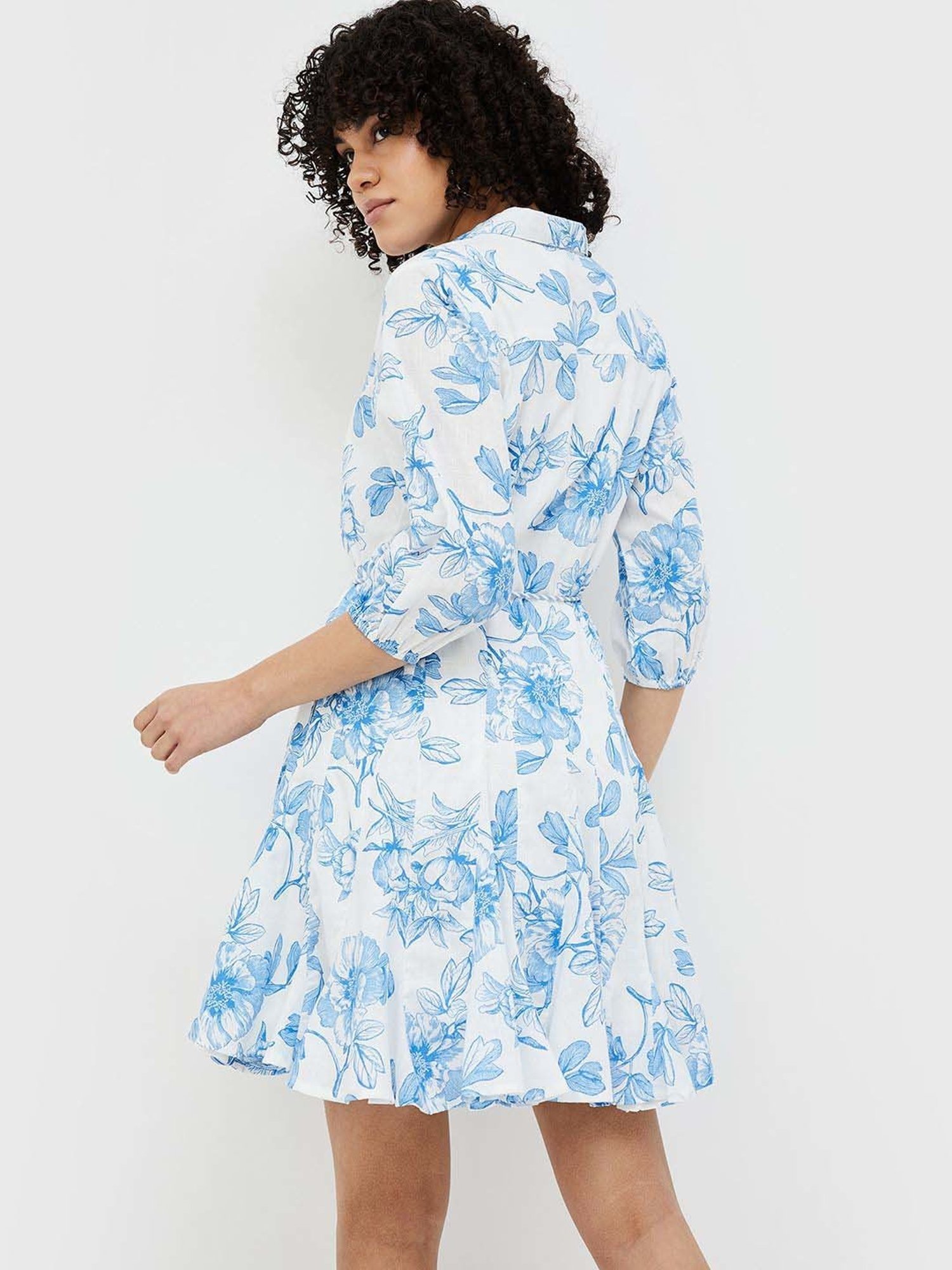 Colour Me by Melange Blue Cotton Printed A-Line Dress With Belt