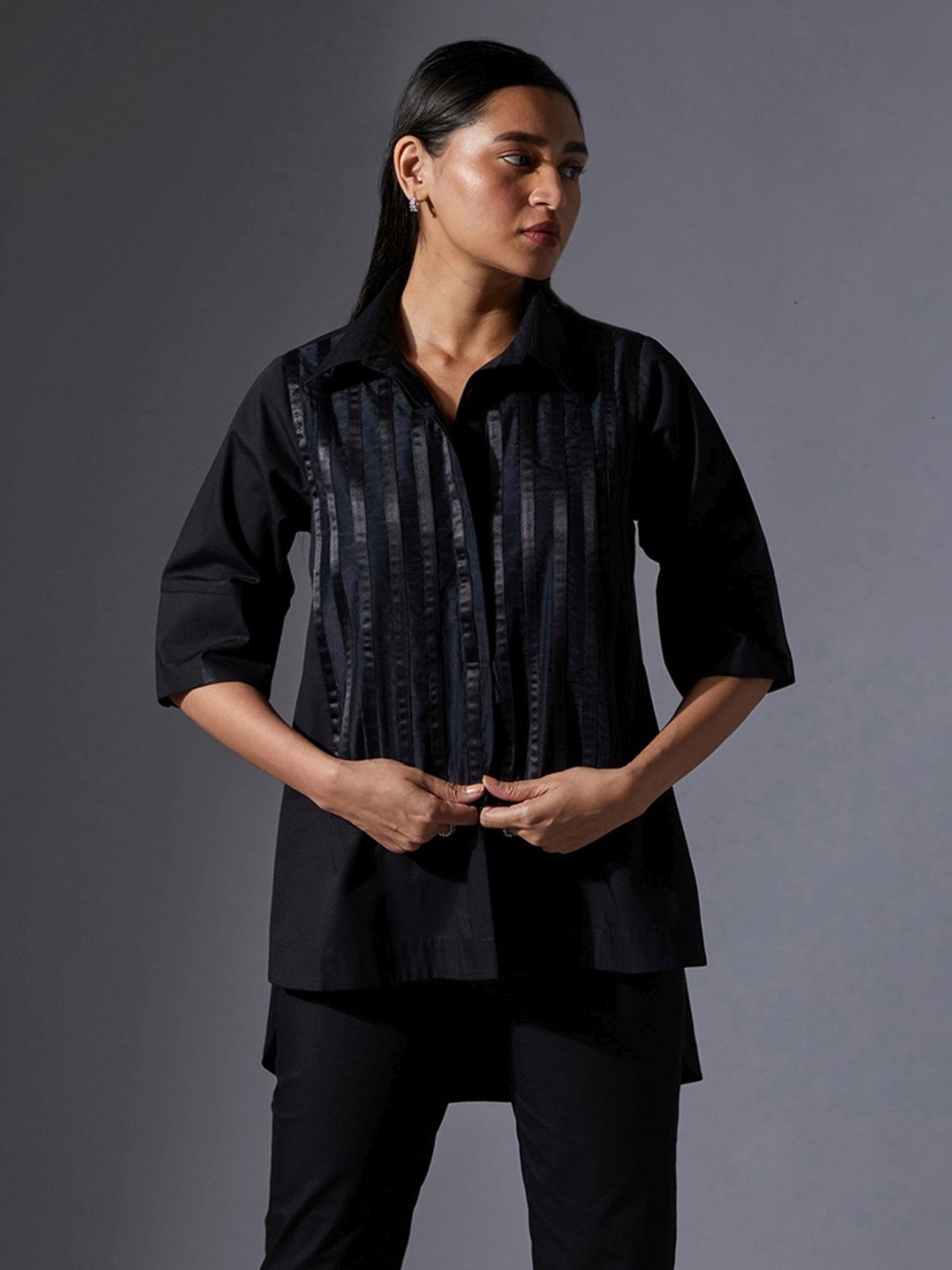 House of Manaa Black Loose Fit Satin Detailed Shirt