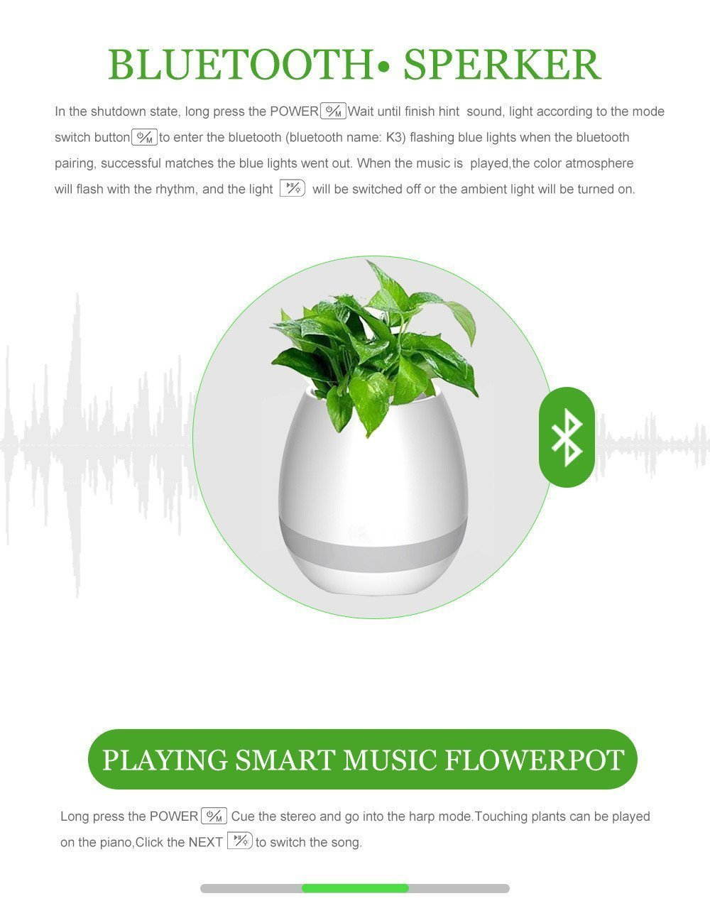 TOKQI Music Flowerpot,Luyuan Touch Plant Piano Music Playing Flowerpot Smart Multi-color LED Light Round Plant Pots Bluetooth Wireless Speaker (whitout Plants)