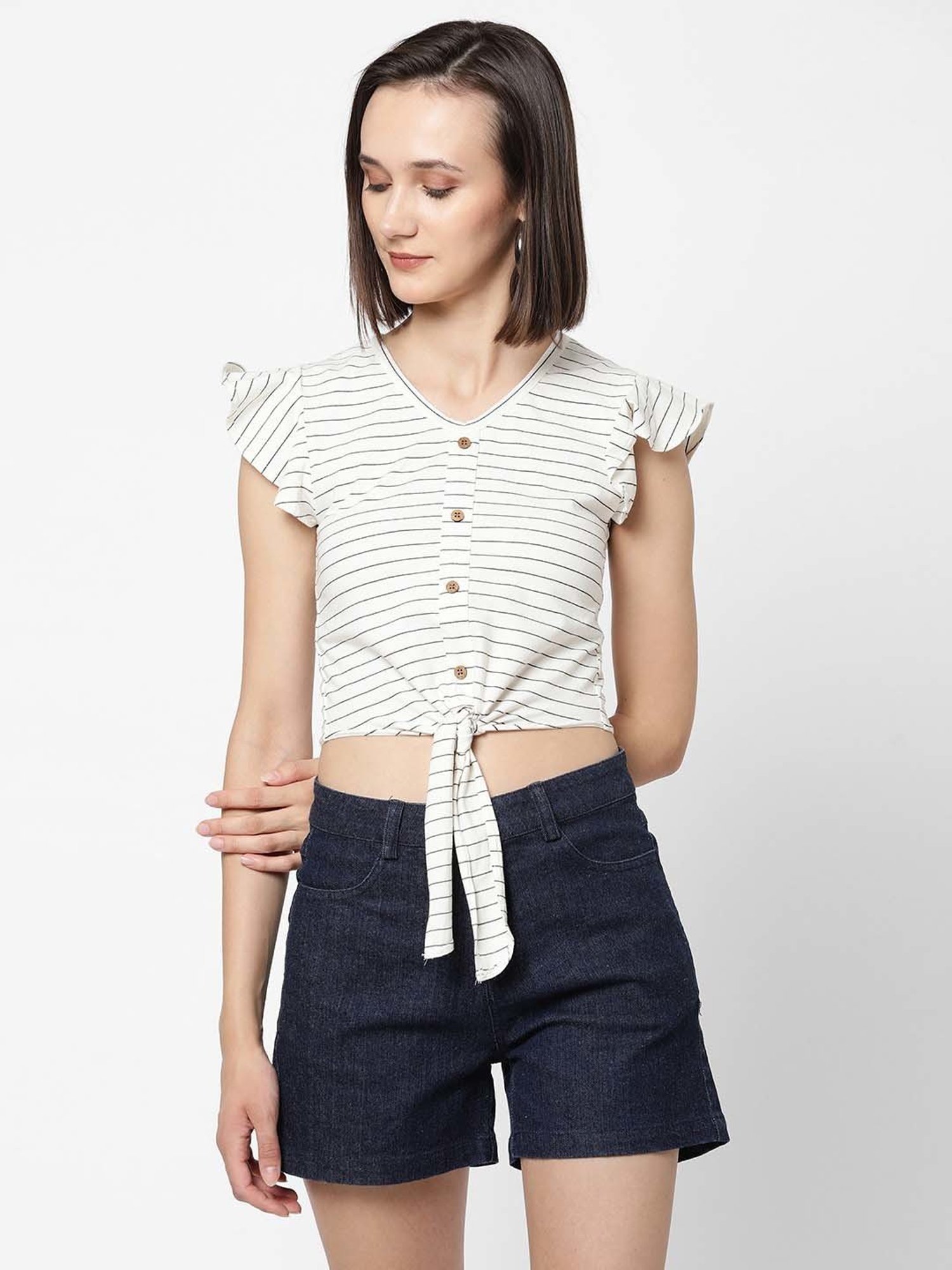 VASTRADO Off-White Cotton Striped Crop Top