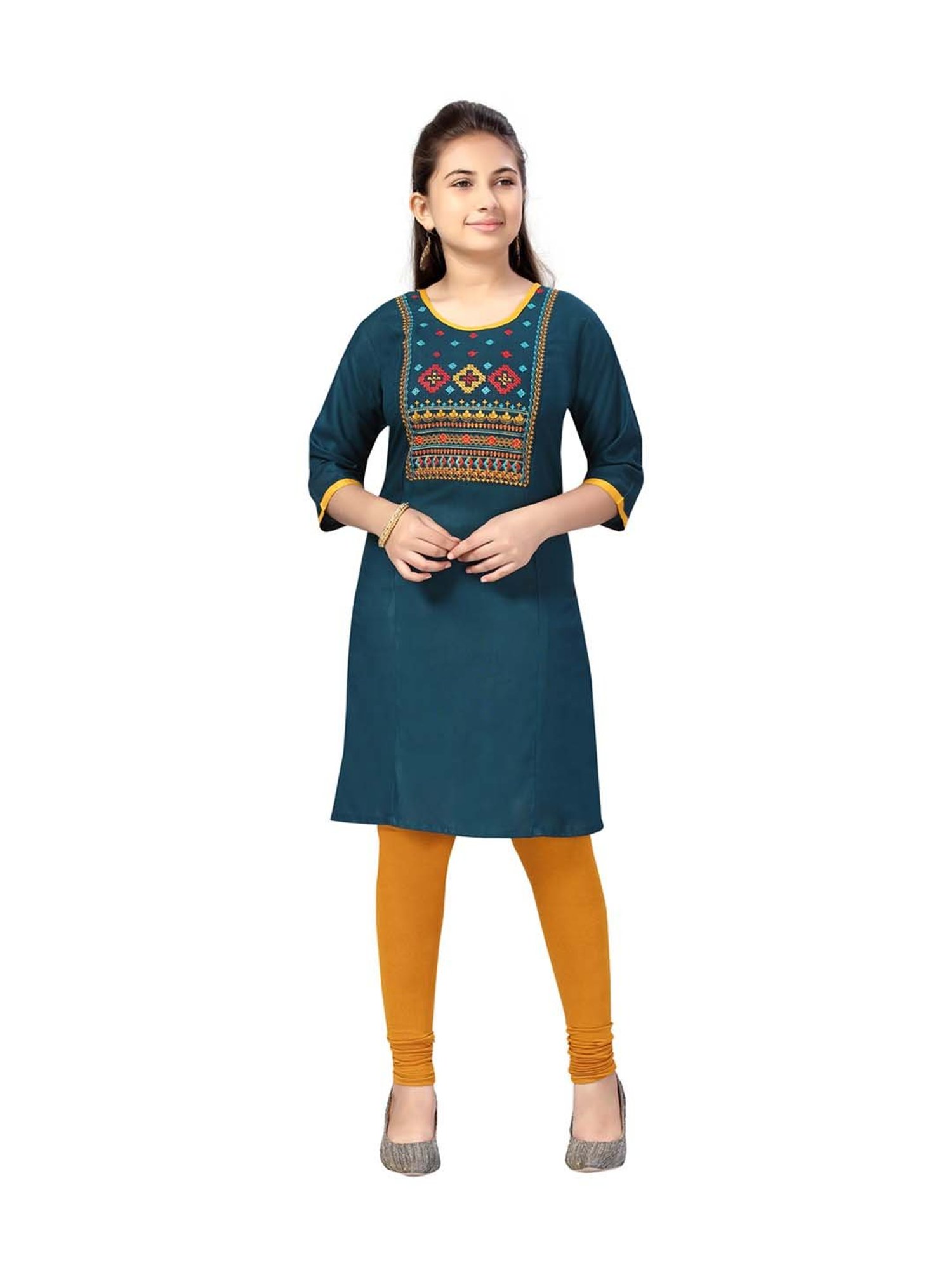 Aarika Kids Dark Green Cotton Embroidered Kurti