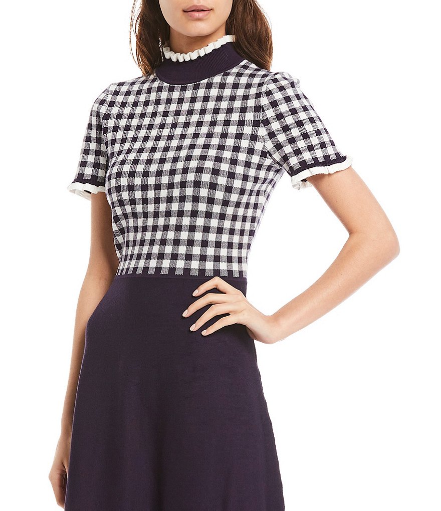 Eliza J Mock Neck Short Sleeve Gingham Print Ruffle Trim Detail Bodice Dress