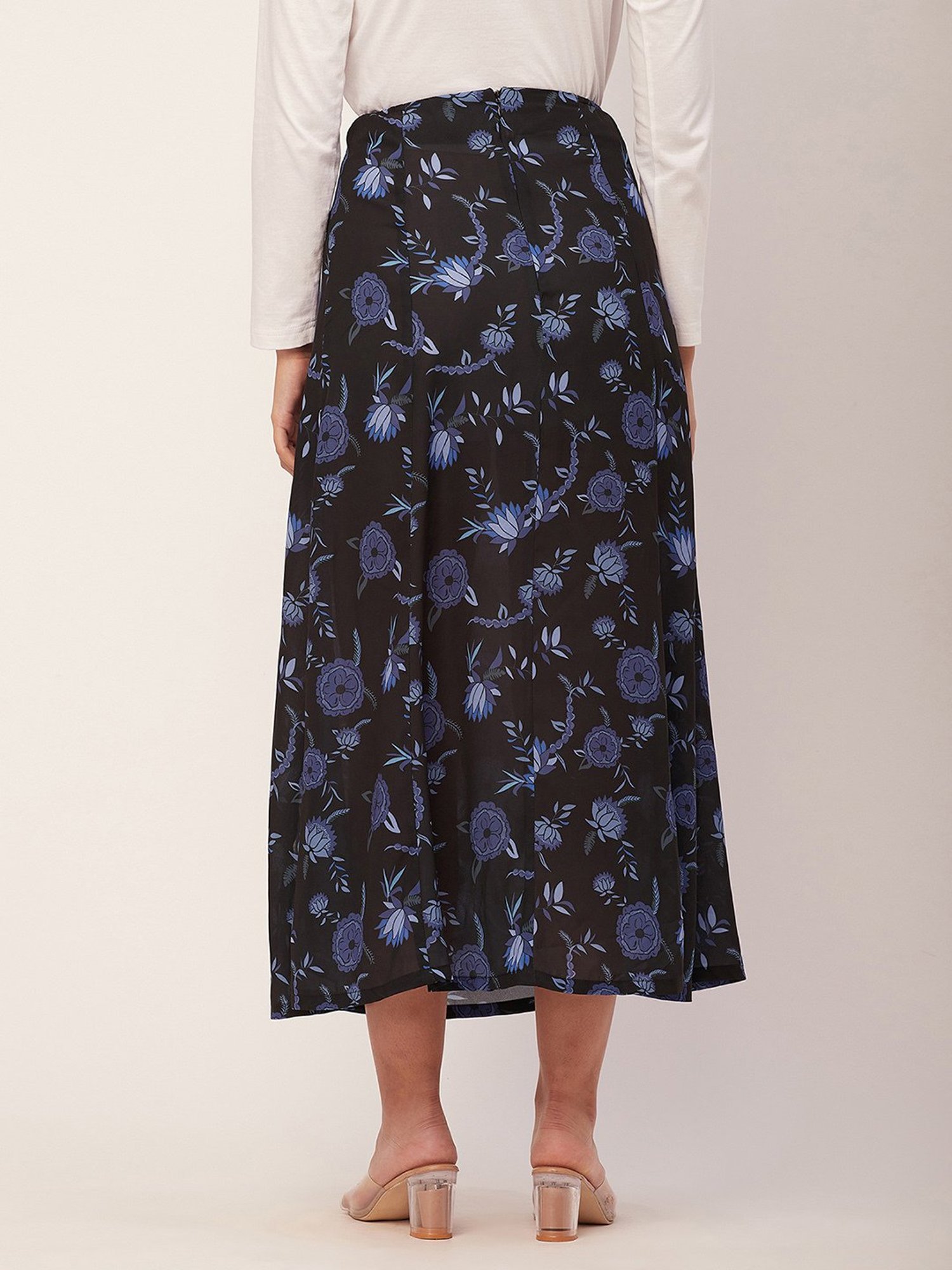 Moomaya Black & Blue Georgette Floral Print Skirt