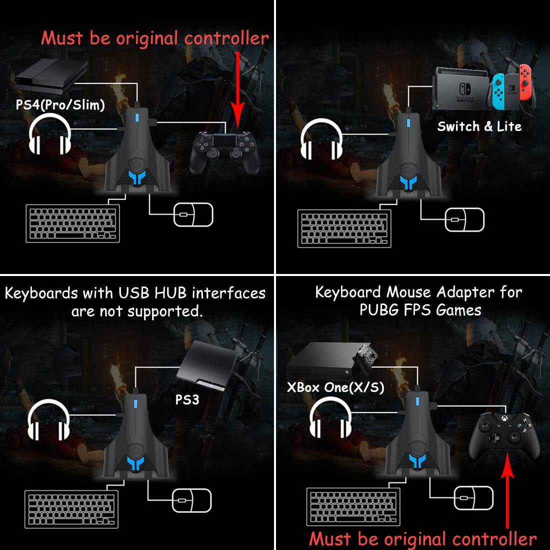 New Upgrade Wired Keyboard and Mouse Adapter Converter for Xbox One PS4 PS3 Nintendo Switch & Lite PC with Upgraded 3.5mm Headphone Jack Support in-Game Voice, Button Customization with Reset Button