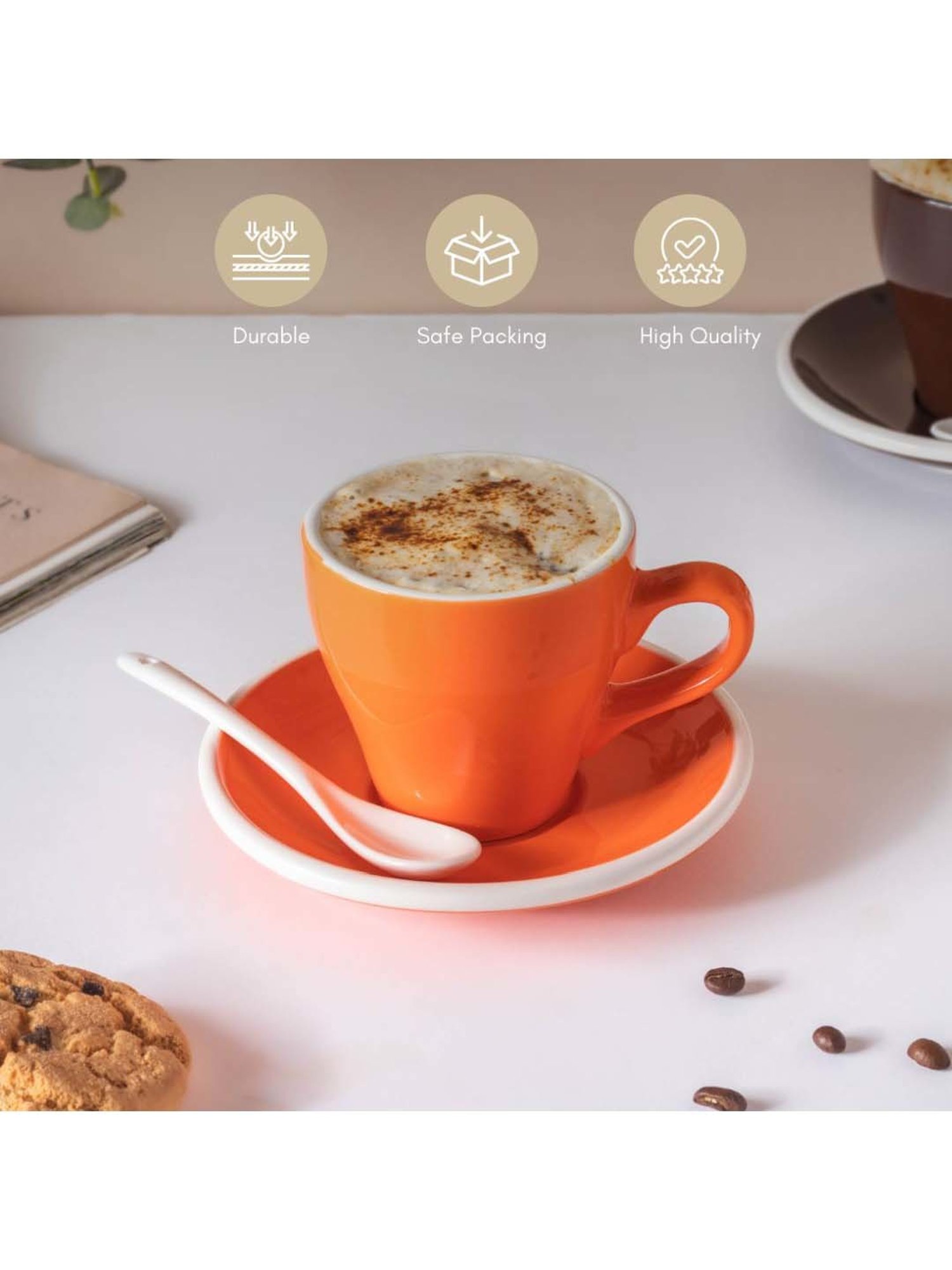 Nestasia Orange & White Food-Safe Ceramic Cup & Plate Set with Spoon, Microwaveable, Lead-Free 150ml