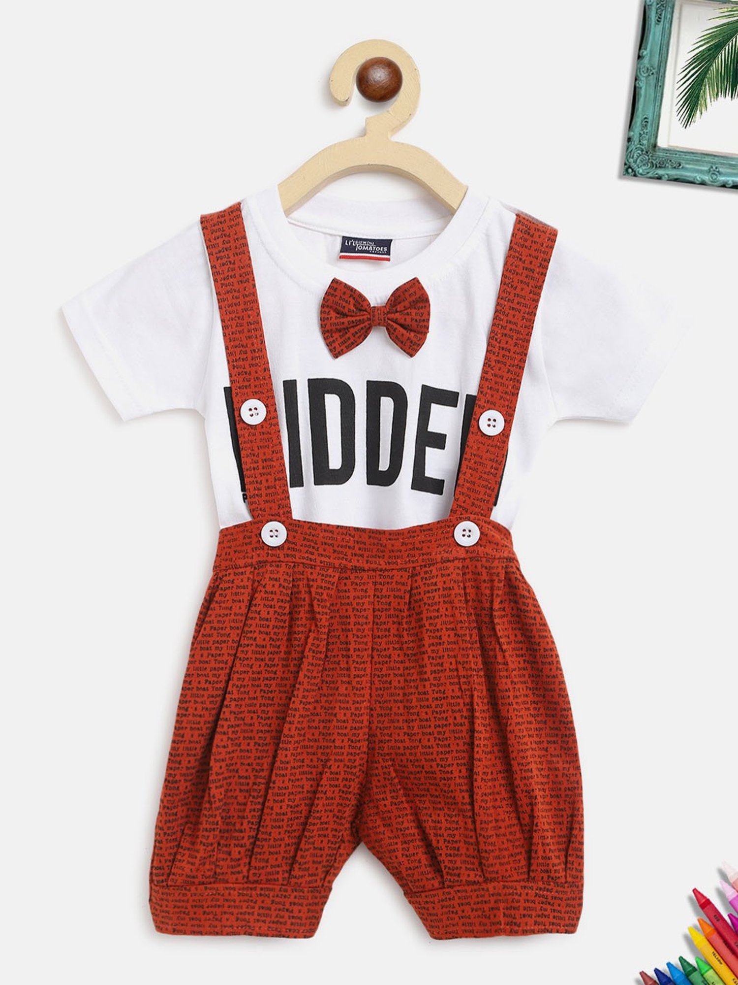 Li'l Tomatoes Kids White & Red Printed T-Shirt with Dungaree