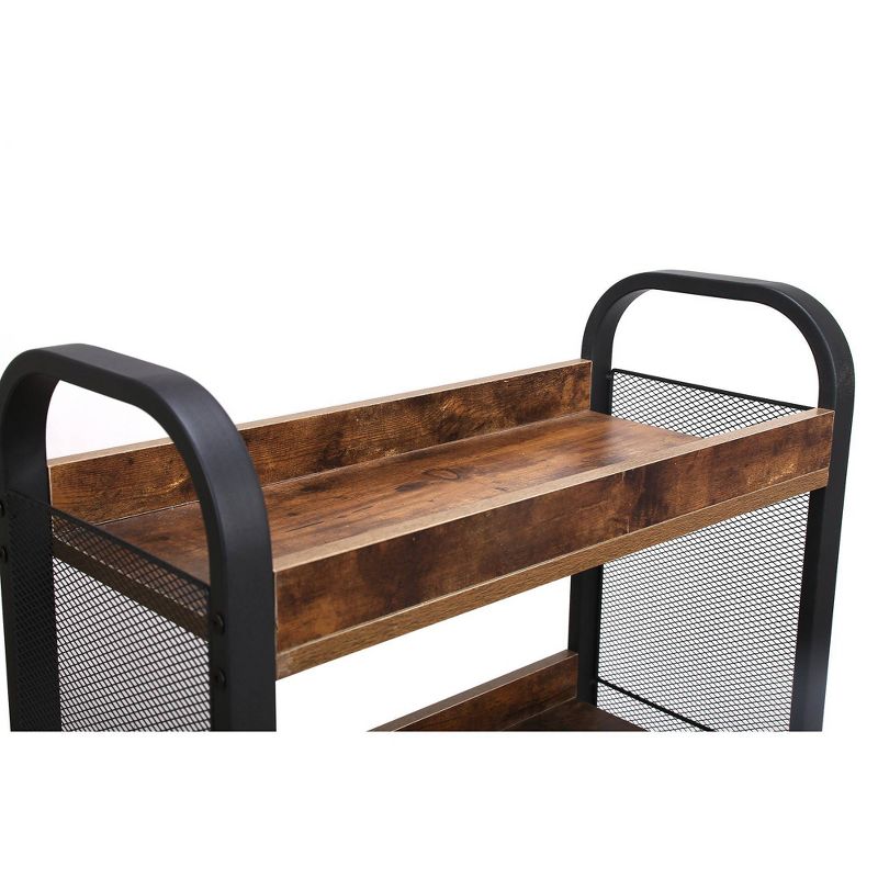 3 Tier Wood and Metal Kitchen Cart with Mesh Side Panel Brown/Black - Benzara