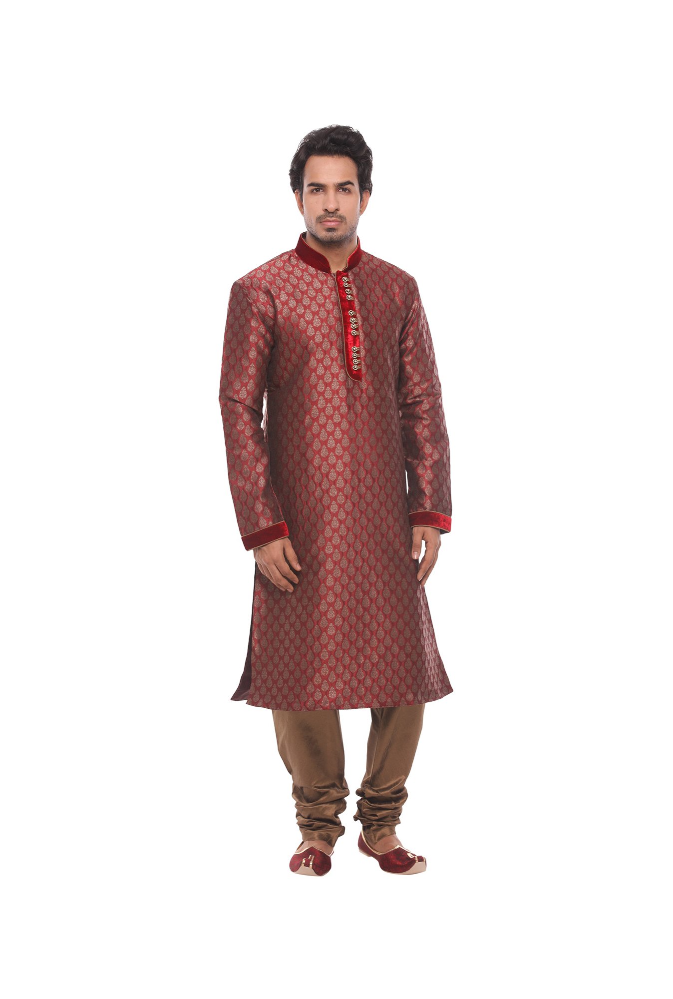 Manyavar Maroon Self Design Kurta & Churidar Set