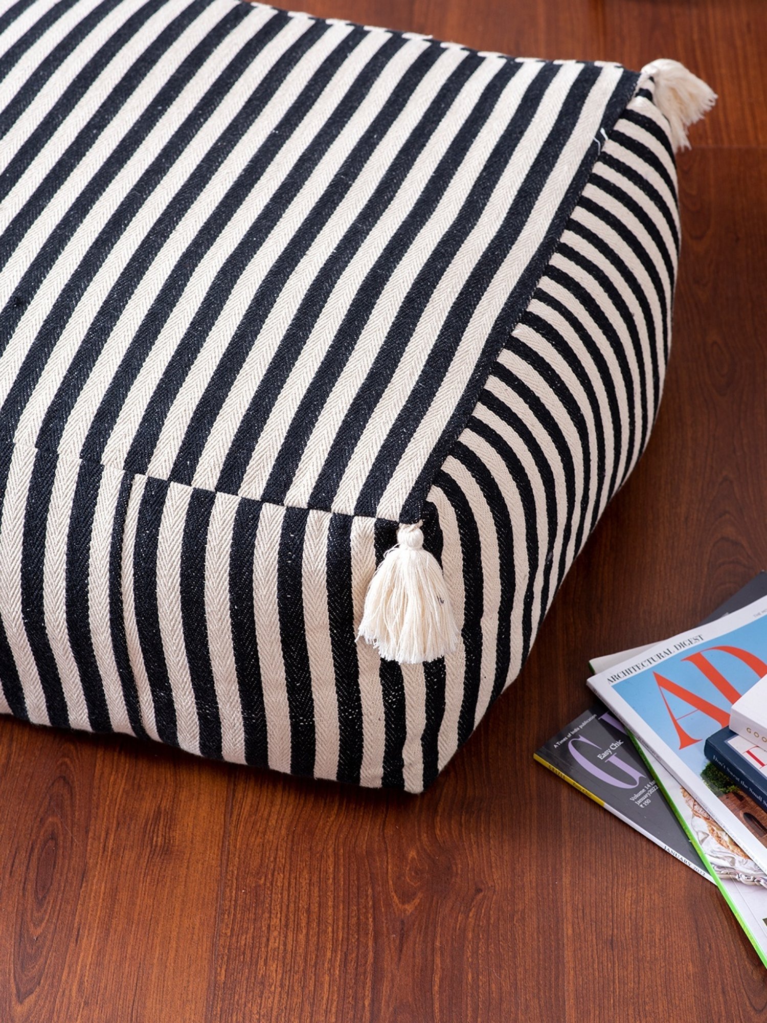 Nestroots Printed Black Cotton Foot Stool Floor Cushions with Filler - Set of 2