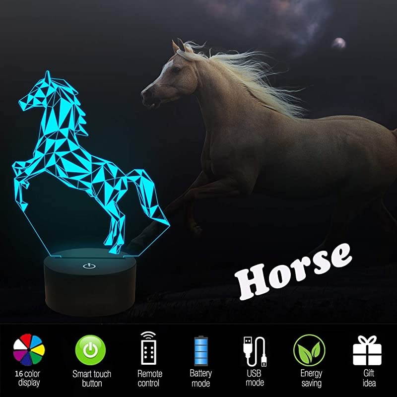 Horse 3D LED Lamp Night Light Projection with 16 Color Changing Baby Nursery Nightlight for Kids Room Home Decor Xmas Birthday Gifts
