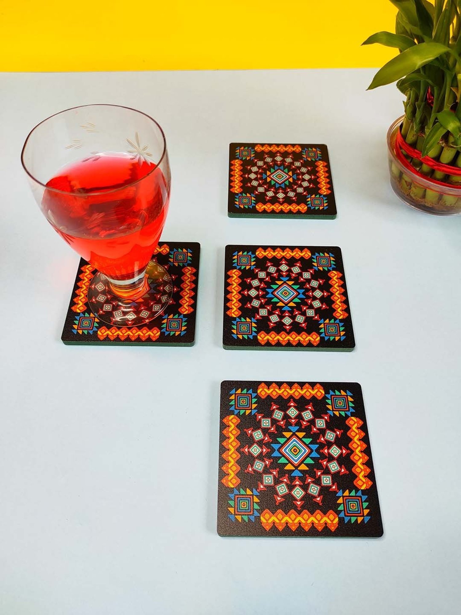 Crayton Black Wooden Geometric Printed Square Coasters - Set of 4