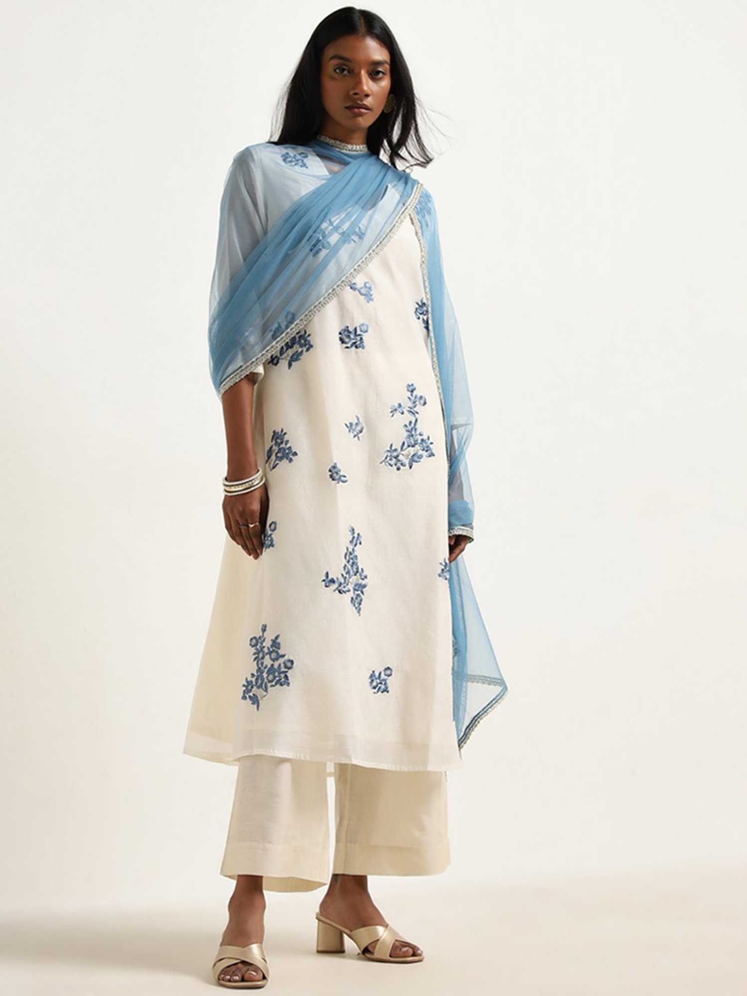 Vark by Westside Off-White Embroidery A-Line Kurta, Pants & Dupatta Set