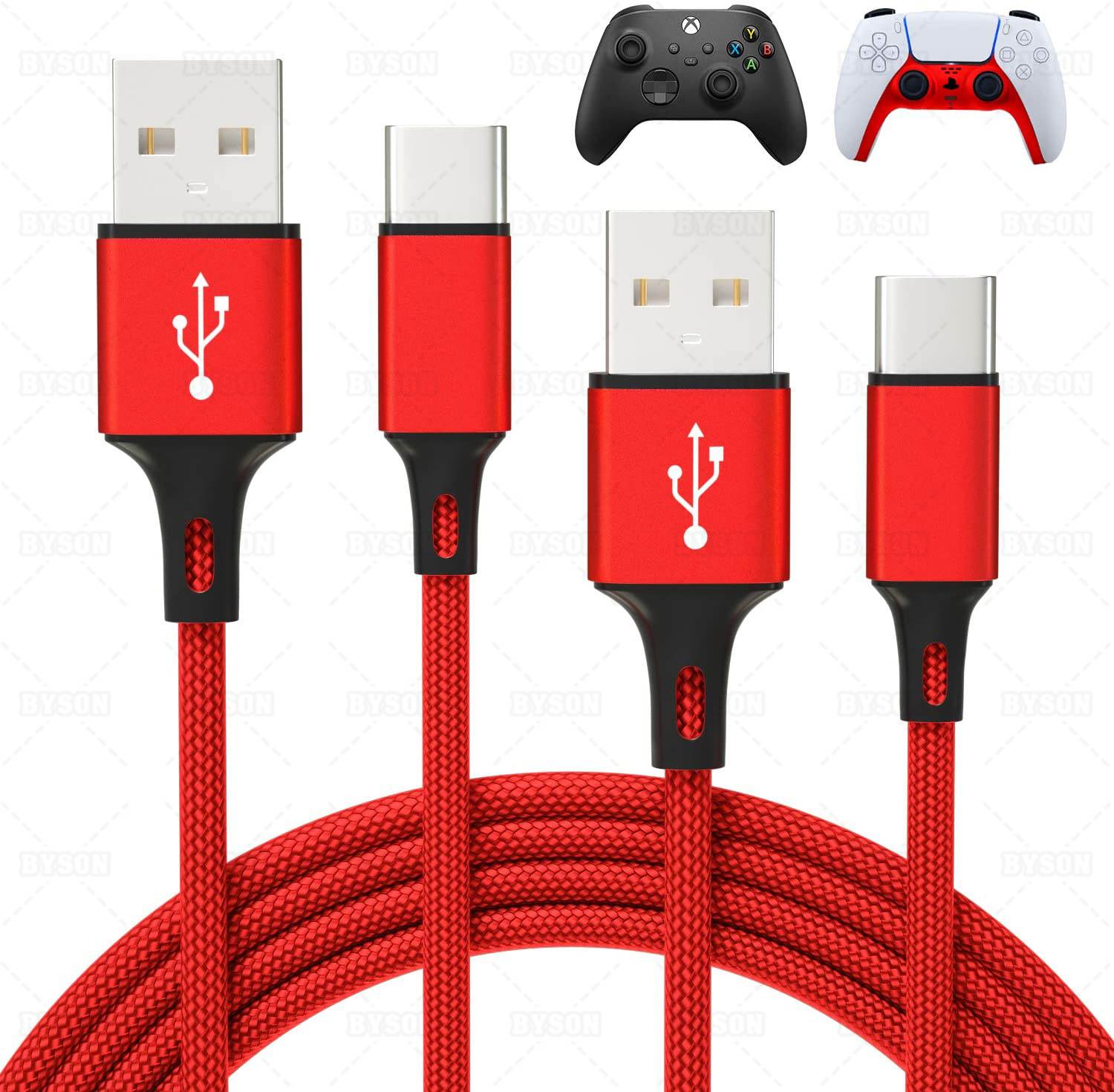 2 Pack 10FT Charging Cable for PS5 DualSense and Xbox Series X/S / Switch Pro Controller, Ackmioxy Charging Cord Nylon Braided Type-C Port Charger Accessories for Playstation 5/ Xbox Series S/X(Gold)