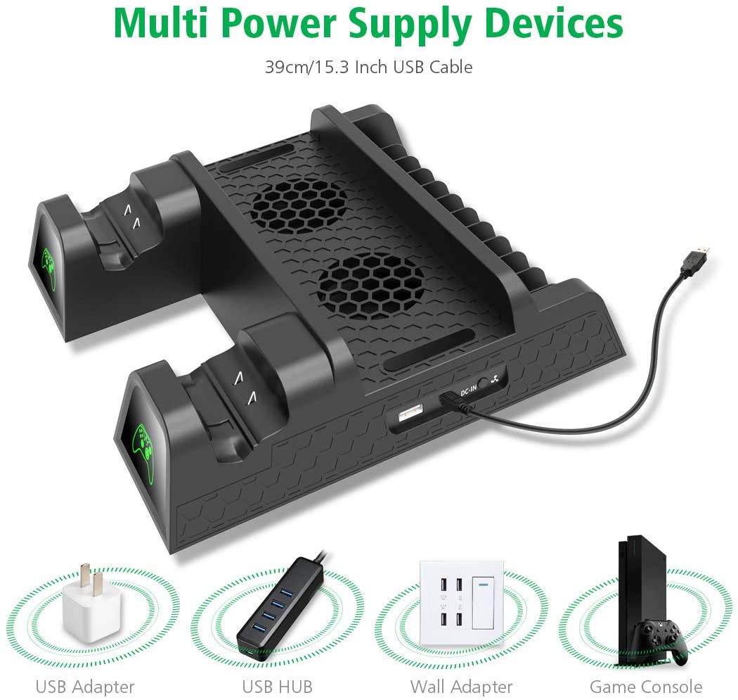 Vertical Cooling Stand Compatible with Xbox ONE X/ONE S/Regular ONE, Cooler Cooling Fan with 2PACK 600mAh Batteries,Games Storage, Dual Controller Charging Docking Station for Xbox ONE/S/X
