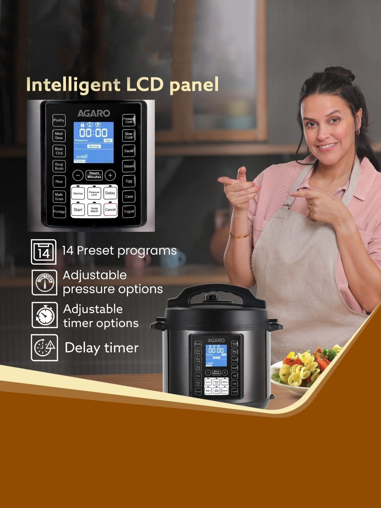 Agaro Imperial Electric Pressure Cooker 8 L with 14 Pre Set multi Cooking Functions(Black)