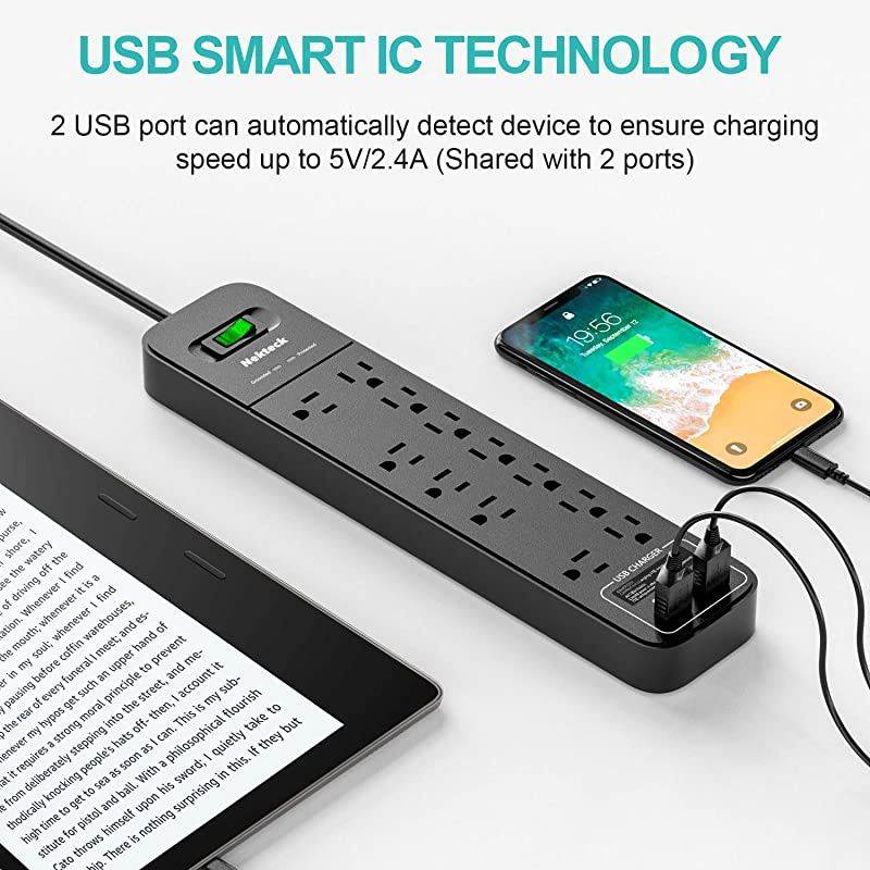 Power Strip Flat Plug  Surge Protector with 2 USB Port and 12 AC Outlet 6ft Heavy Duty Extension Cord Wall Mount Charging Station for Home Outdoor Office 2390Joule 5V24A