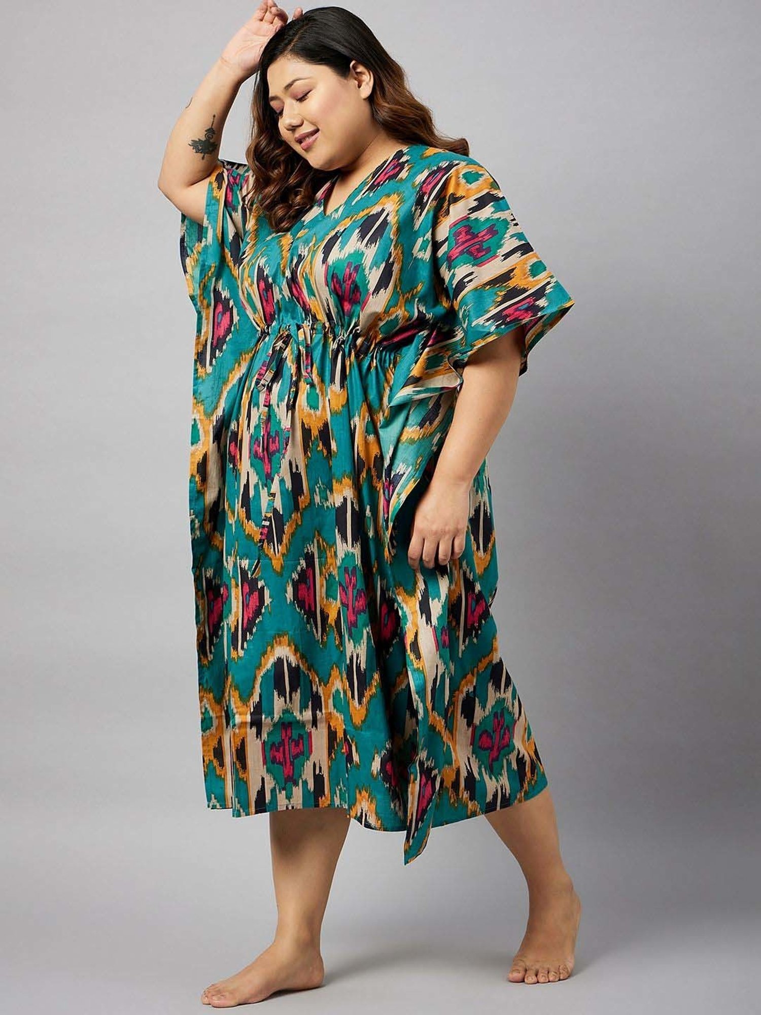 Secrets By ZeroKaata Teal Green Cotton Printed Kaftan