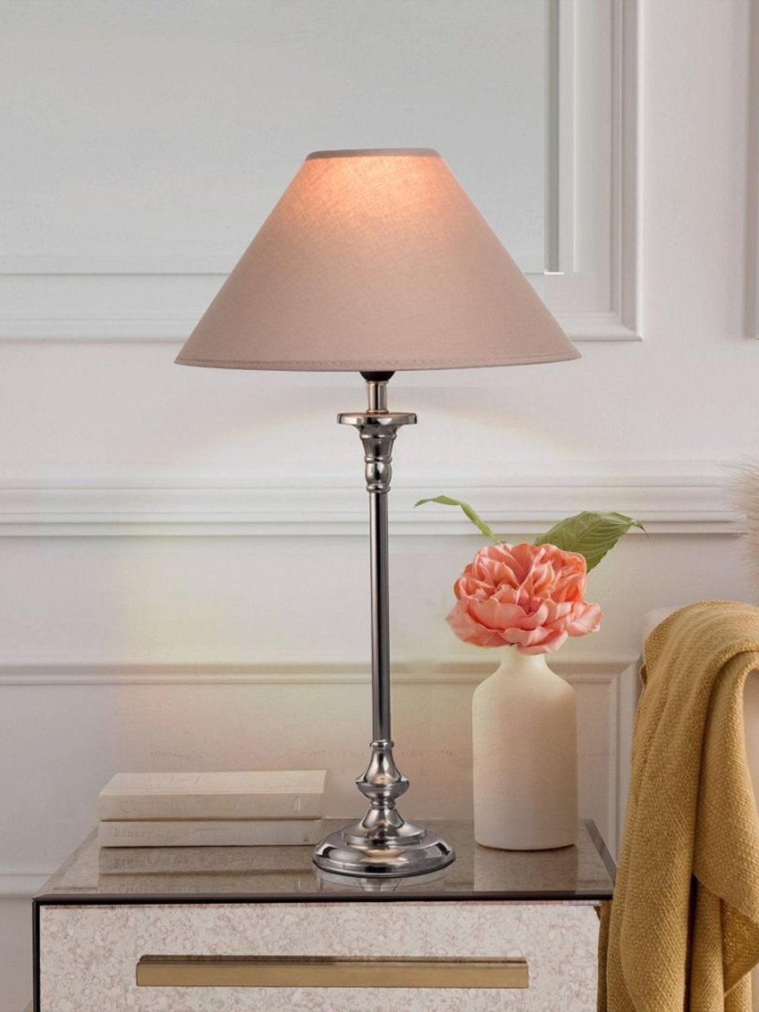 Kapoor Lamp Shades Chrome & Pink Metal Evelyn Chrome Cotton Shade Table Lamp
