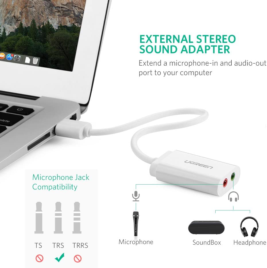 USB Sound Card,  3.5mm Sound Card External USB Audio Adapter, External Stereo Sound Adapter Compatible with PC Windows,MAC, Linux, Laptops, Desktops, PS5. Plug and Play No Drivers Needed, White