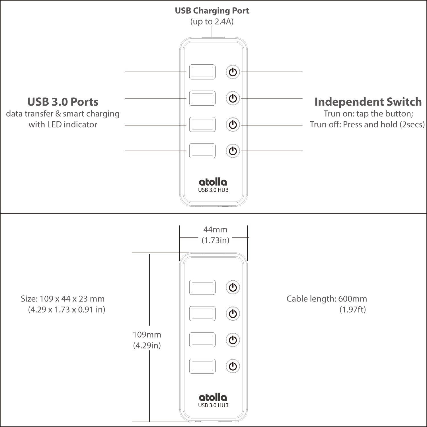 USB 3.0 Hub, atolla 4 Ports Super Speed USB 3 Hub Splitter with On Off Switch with 1 USB Charging Port (Cable Length 2 Feet, No AC Adapter) (4-Port hub)