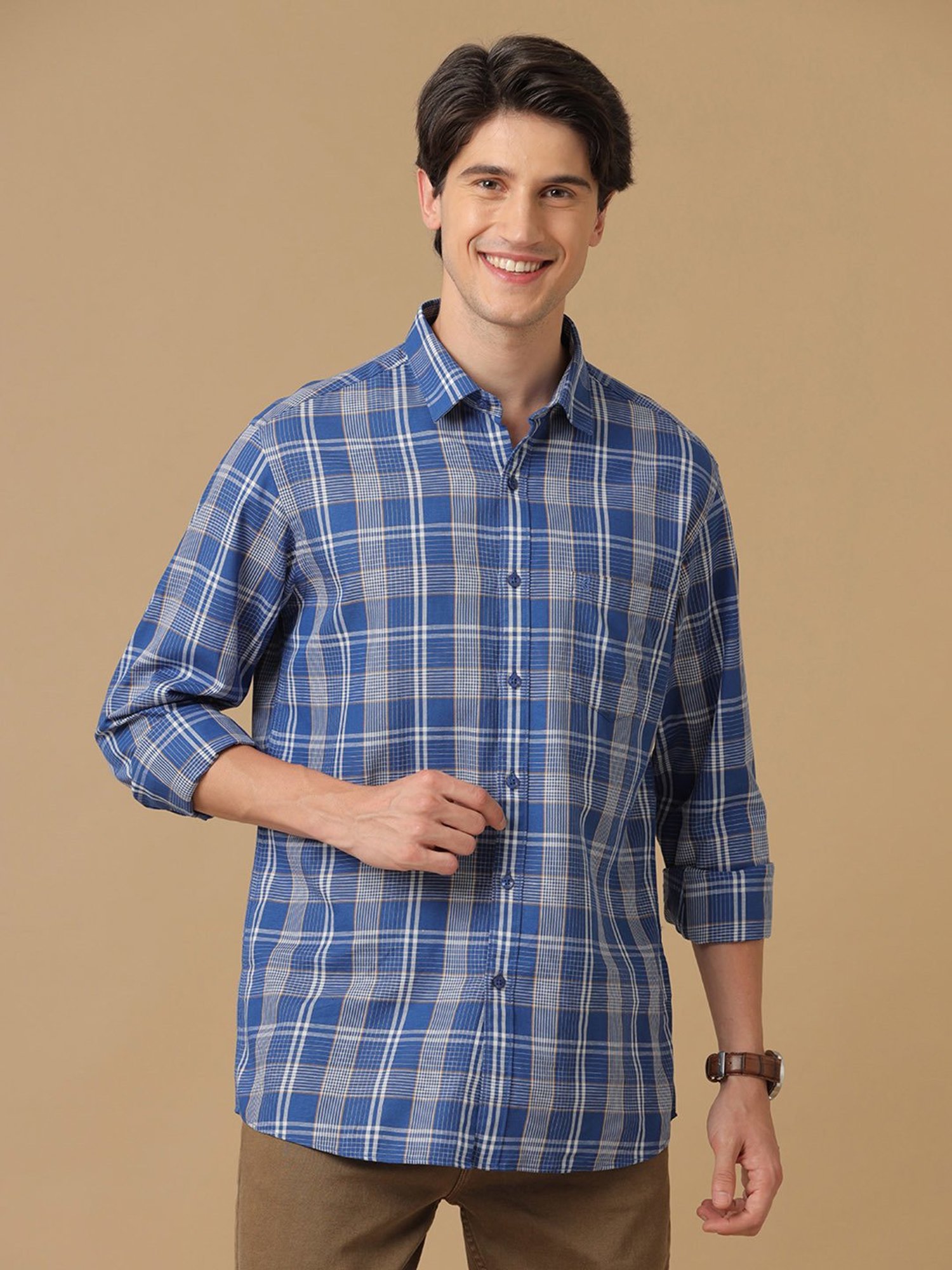 CAVALLO by Linen Club Blue Contemporary Fit Check Shirt