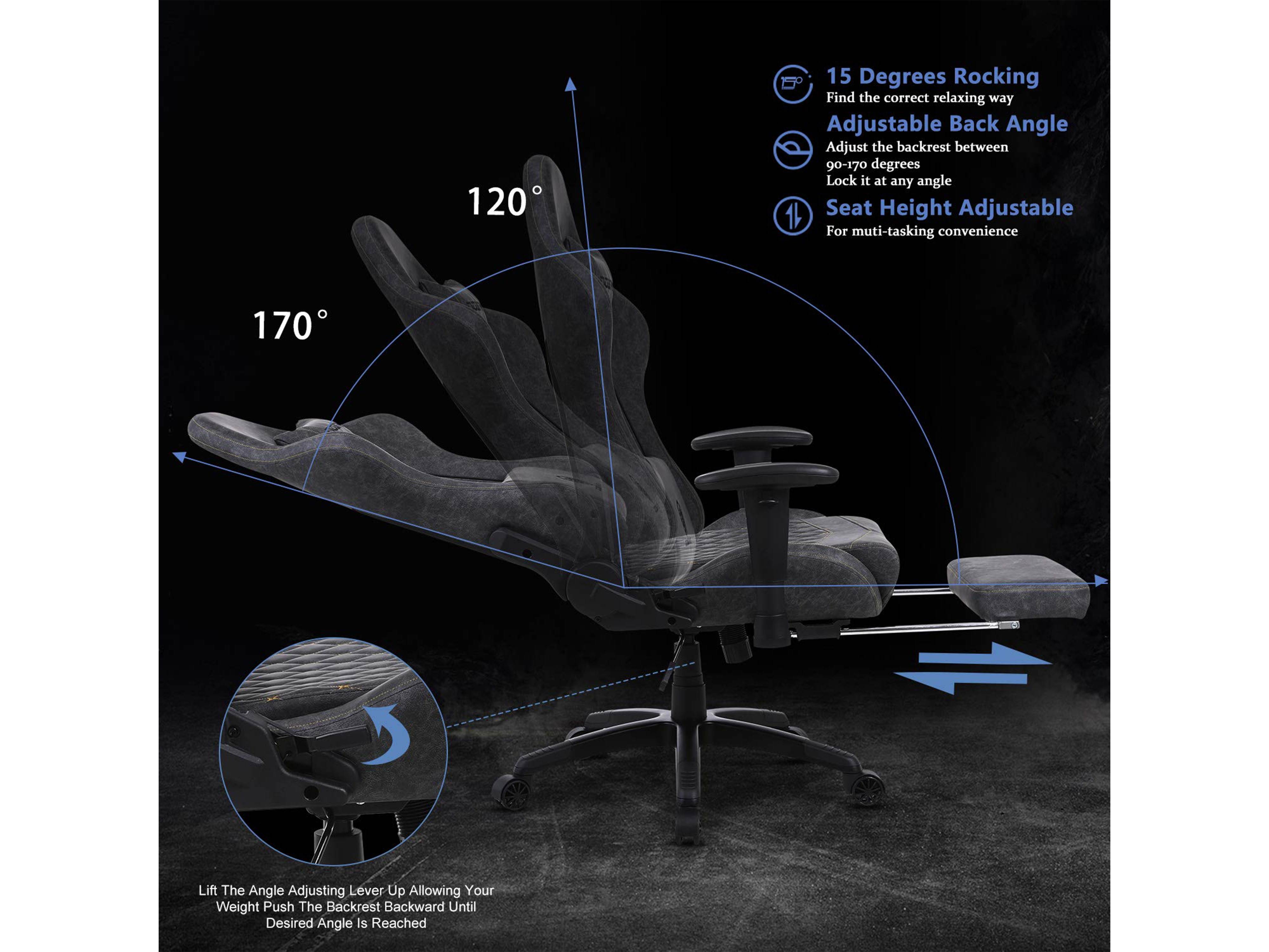 Dowinx Gaming Chair Ergonomic Retro Style Recliner with Massage Lumbar Support Office Armchair for Computer PU Leather with Retractable Footrest Grey