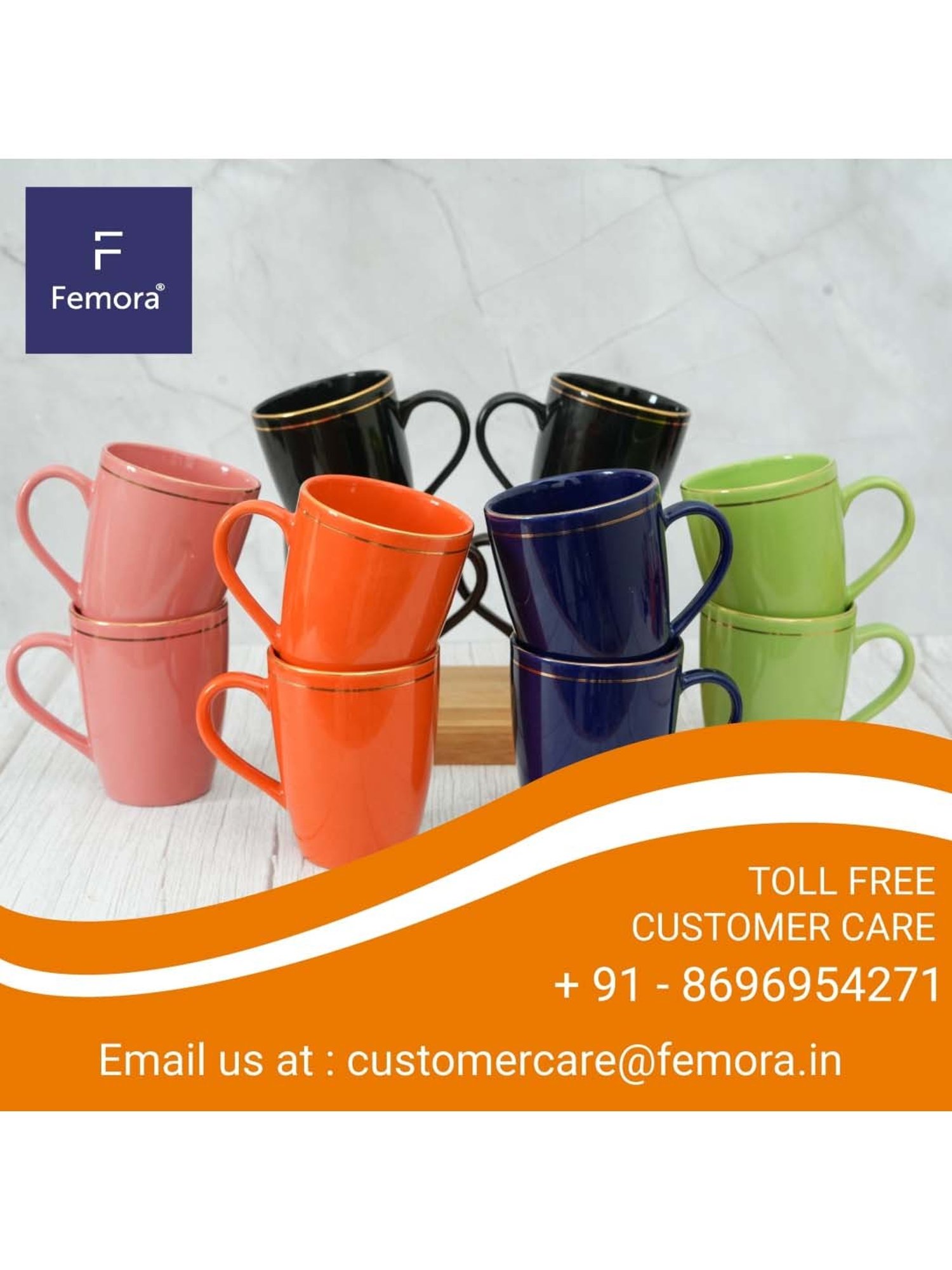 Femora Orange Ceramic Coffee Mugs (0.36 L) - Set of 6
