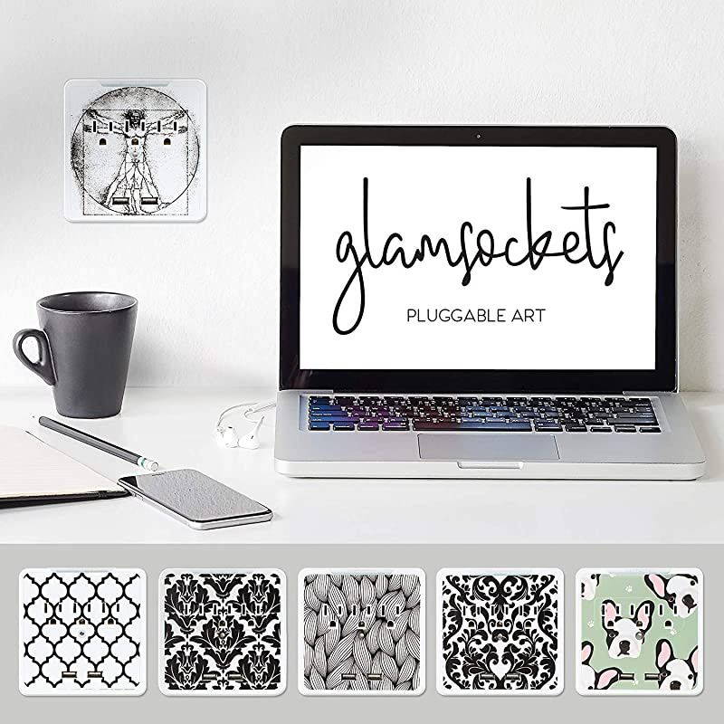 Decorative Wall Mount Surge Protector with 3 Outlets, Dual USB Charging Ports and Phone Holder - USB Charging Center/Multi Function Wall Tap (Vitruvian Man)