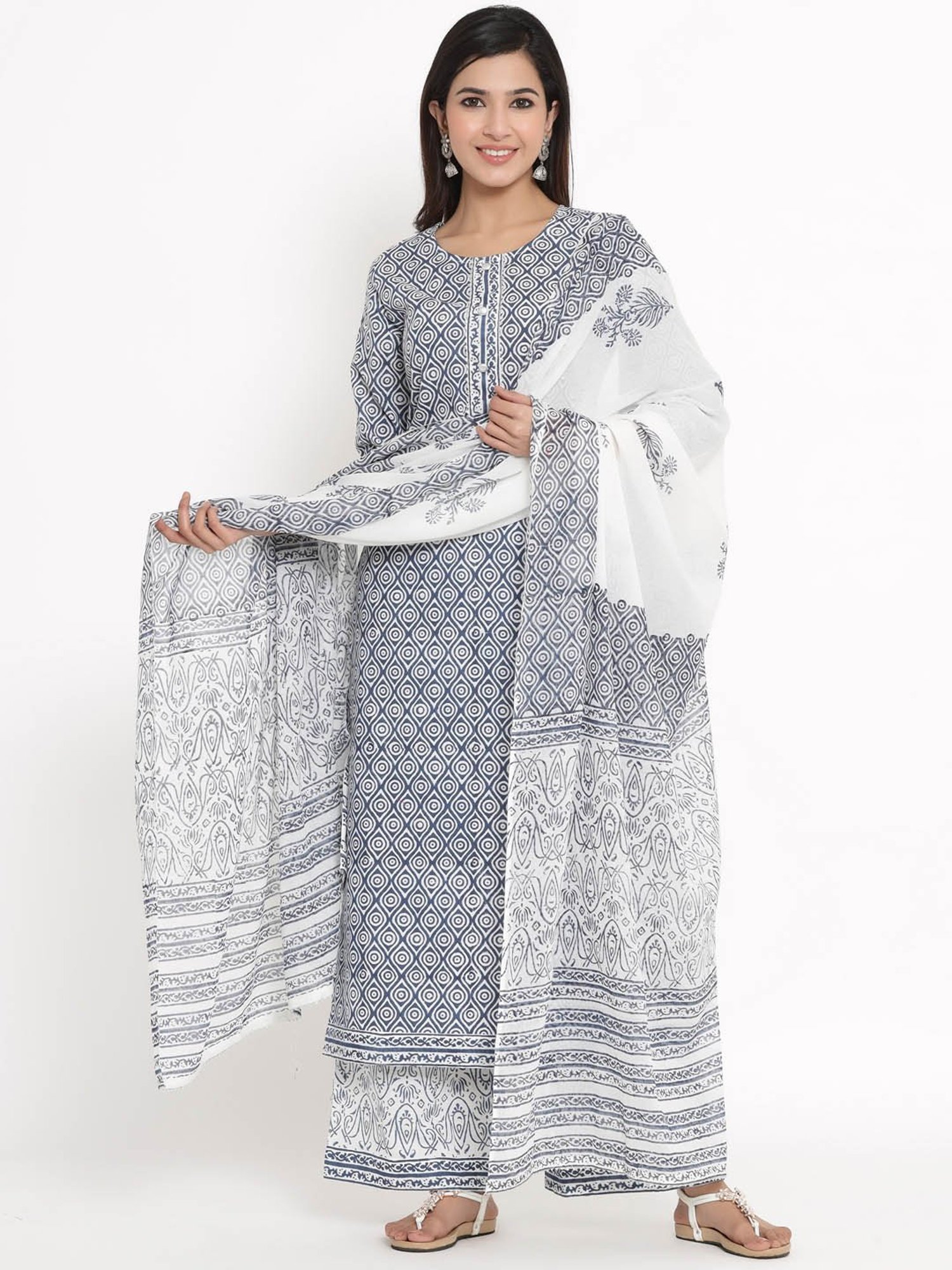 Kipek Blue Cotton Printed Kurta With Palazzo & Dupatta