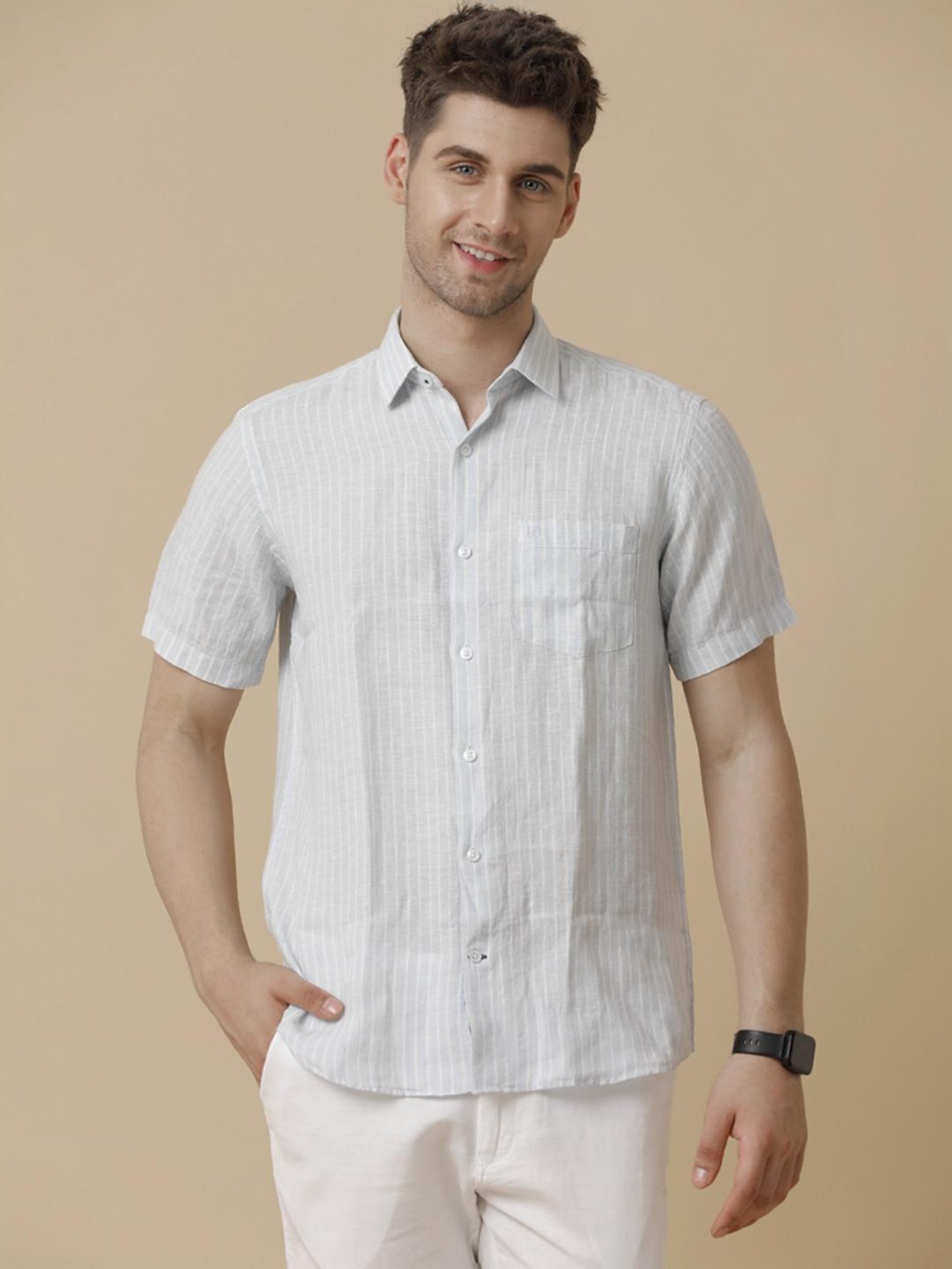 Linen Club Blue Linen Contemporary Fit Striped Shirt