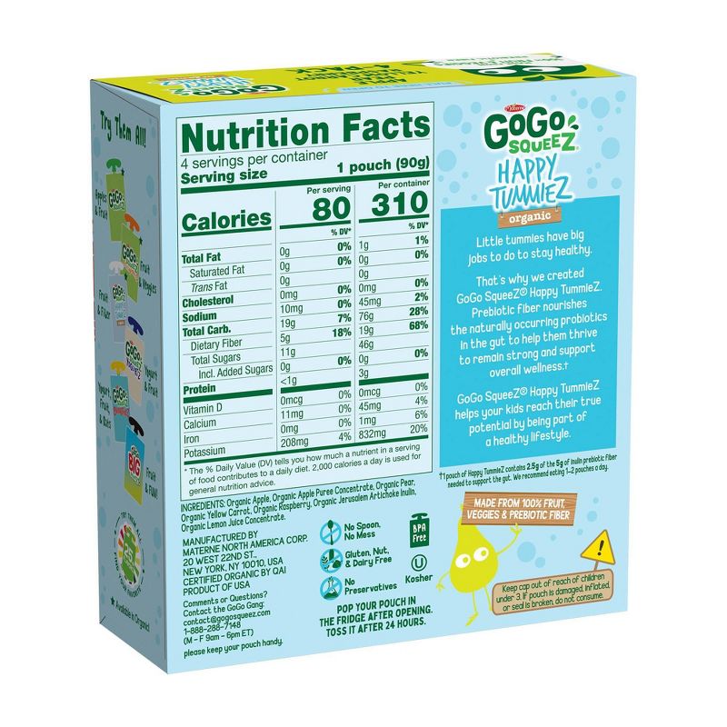 GoGo SqueeZ Happy TummieZ Organic Apple Raspberry Pear Yellow Carrot - 12.8oz/4ct