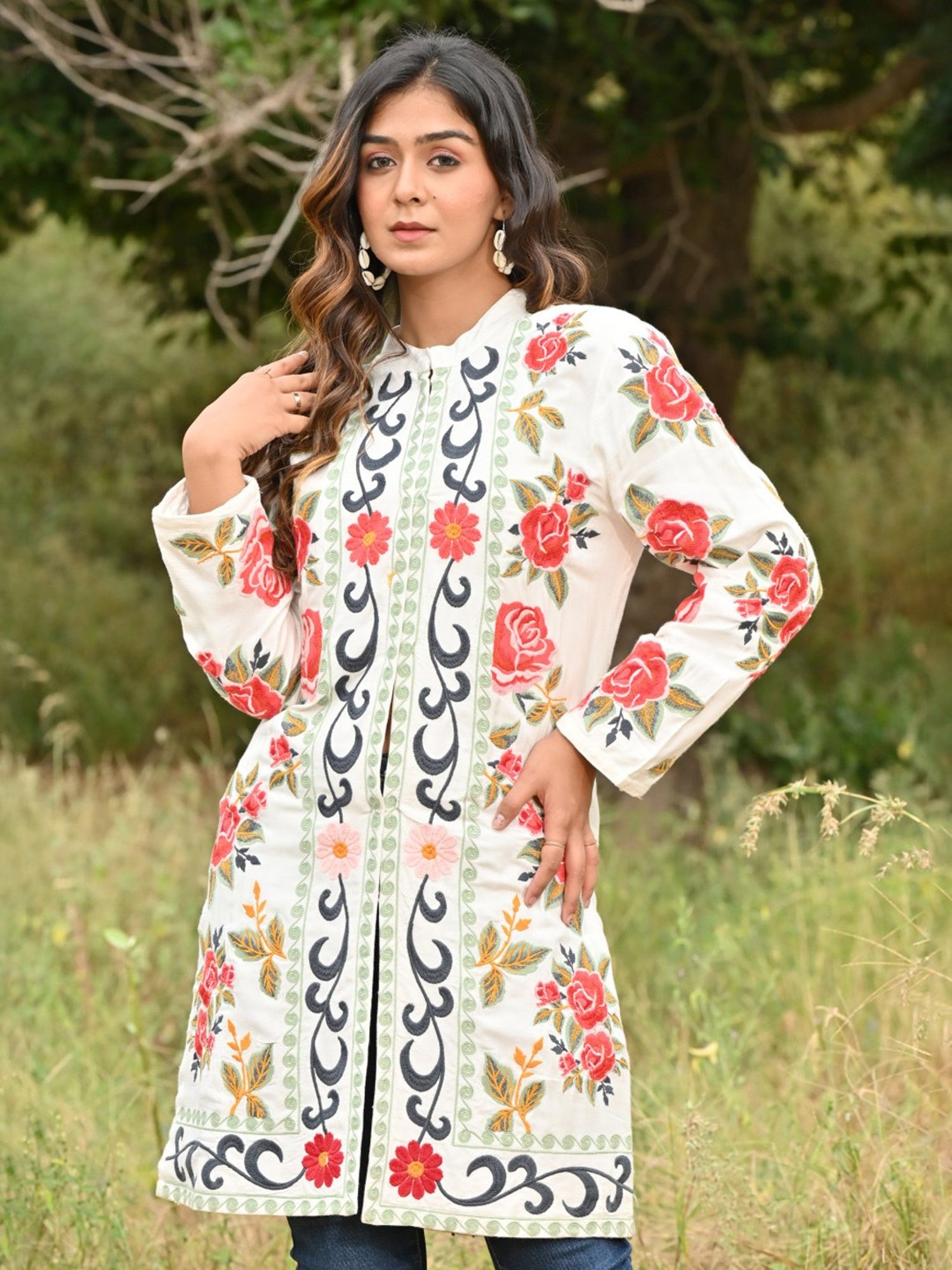 Zolo Label White Cotton Embroidered Jacket