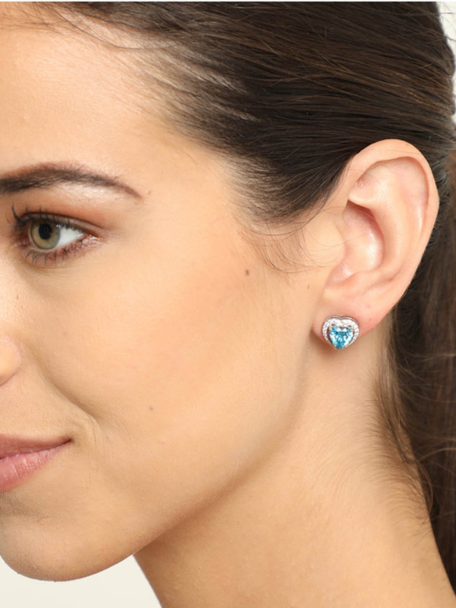 Clara 92.5 Sterling Silver Swiss Zirconia Sky Blue Heart Stud Earrings
