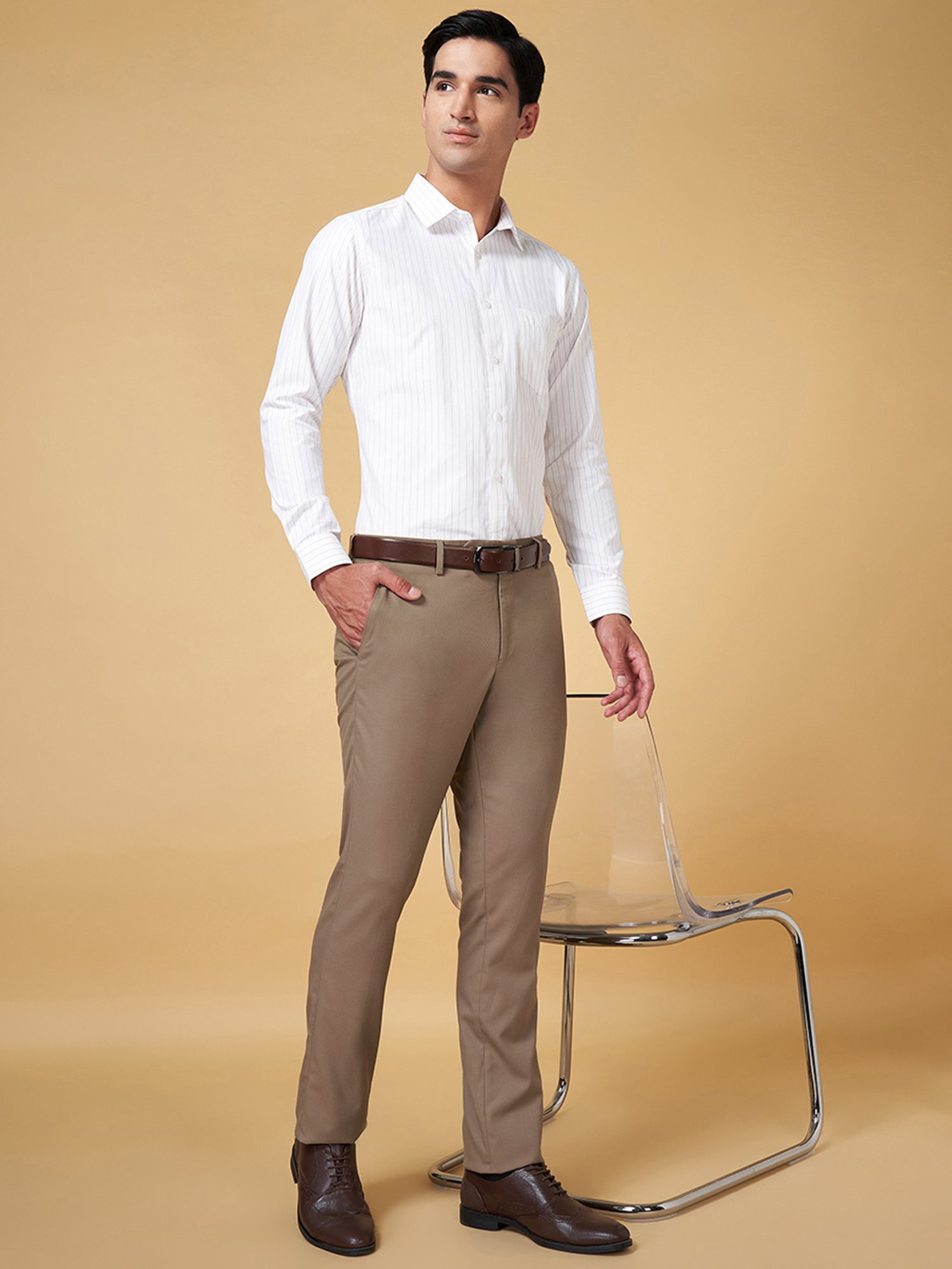 Byford by Pantaloons Tan Slim Fit Flat Front Trousers