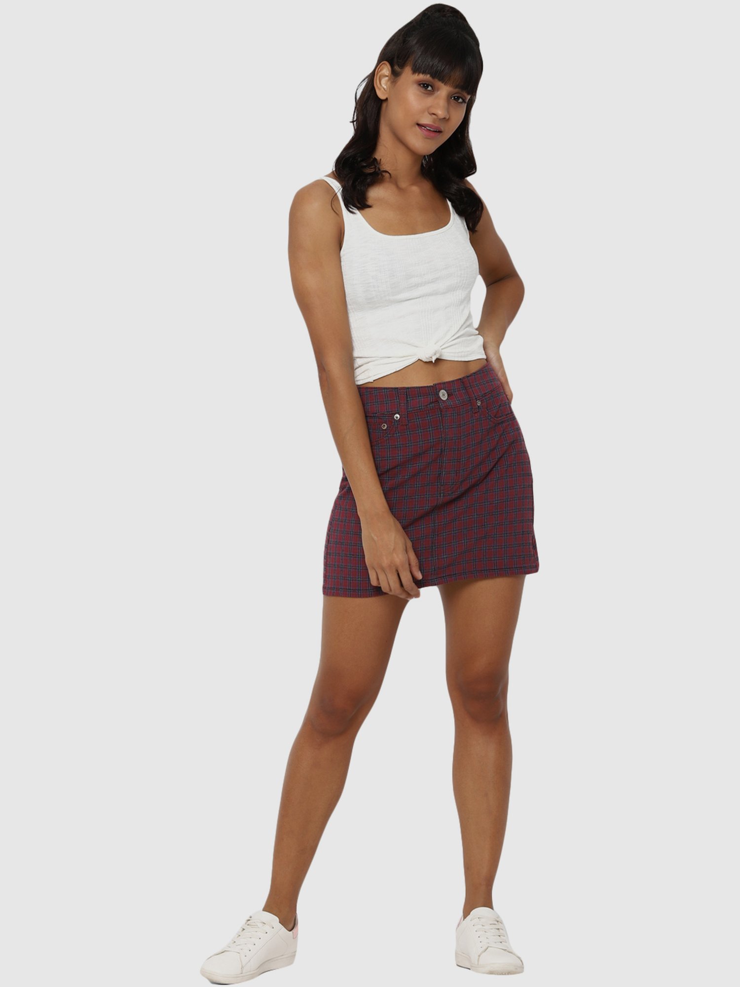 American Eagle Outfitters Maroon Chequered A-Line Skirt