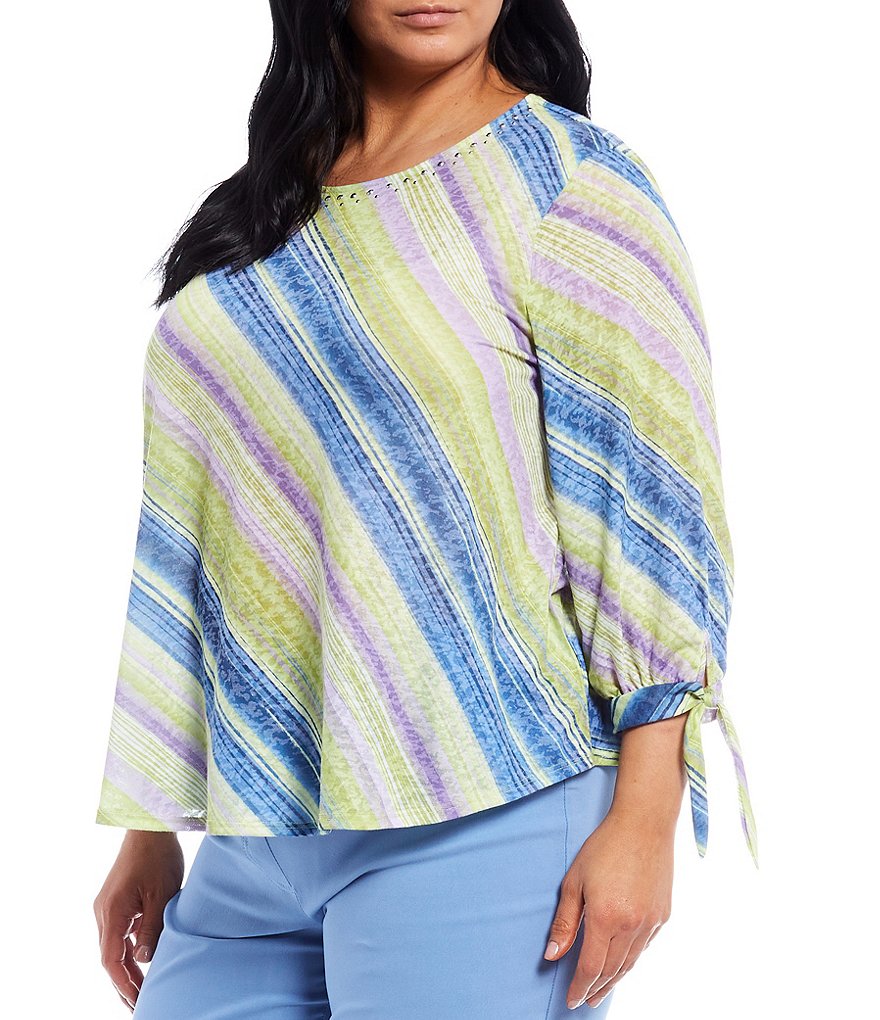 Ruby Rd. Plus Size Embellished Watercolor Stripe Jewel Neck Bow Cuff 3/4 Sleeve Top