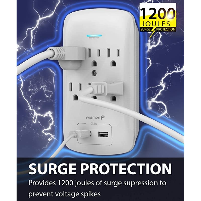 6 Outlet Surge Protector 1200 Joules with 2 USB Ports Charger 31A Multi Plug Outlet Extender 1875 Watt 3Prong Grounded Wall Tap Adapter
